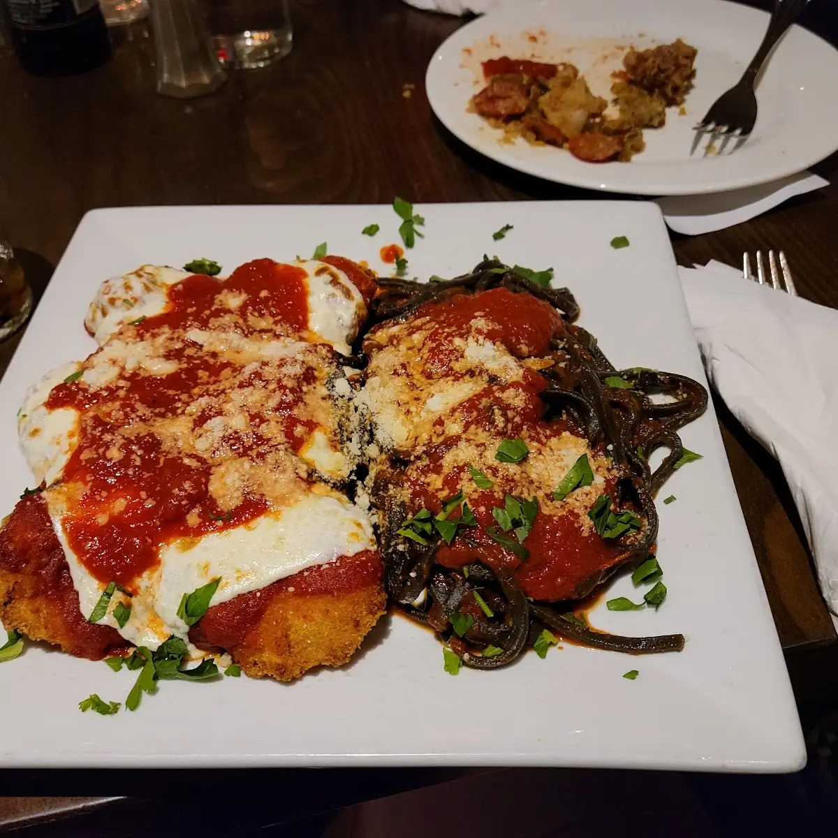 Shrimp Parmigiana with Squid Ink Pasta