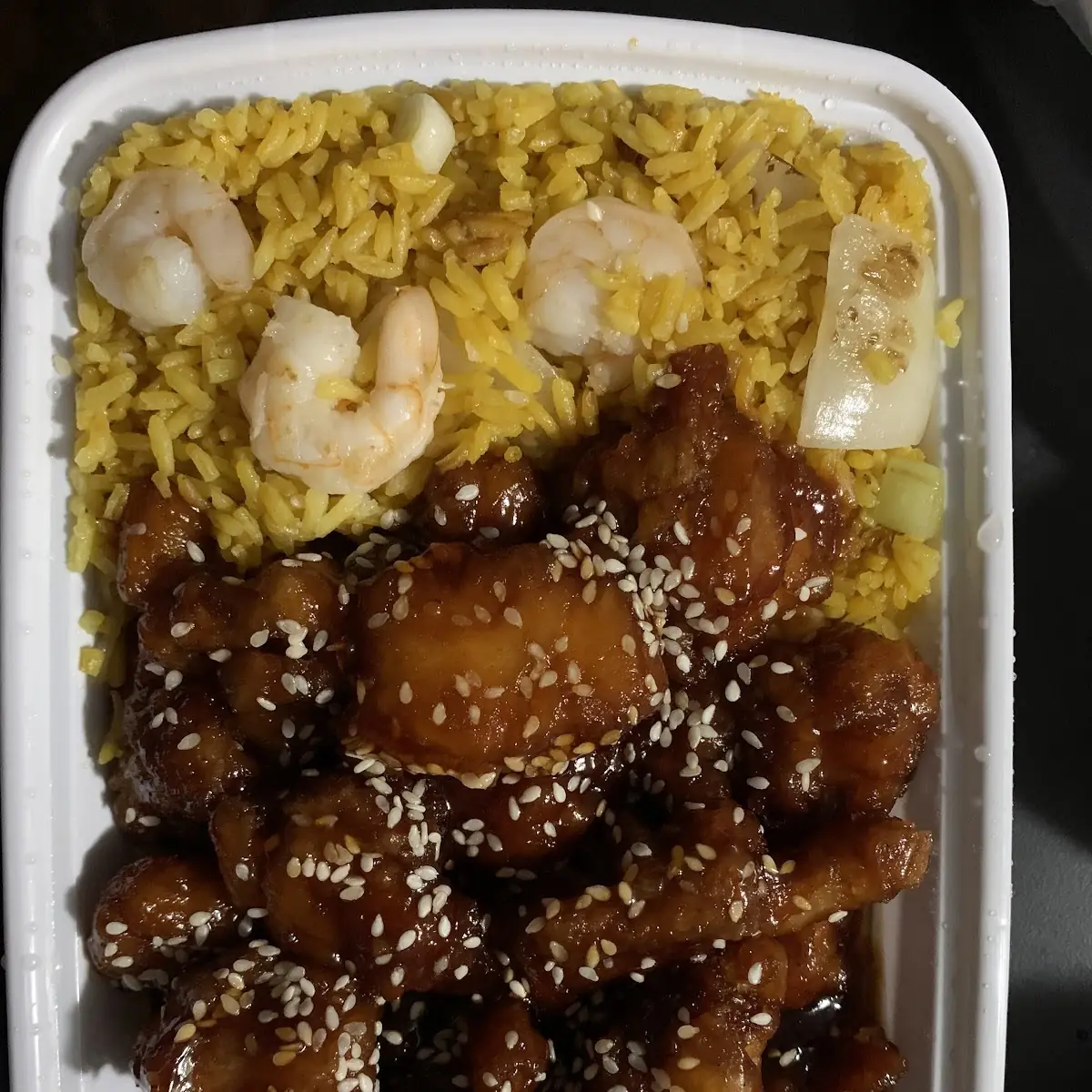 Sesame Chicken with Shrimp Fried Rice