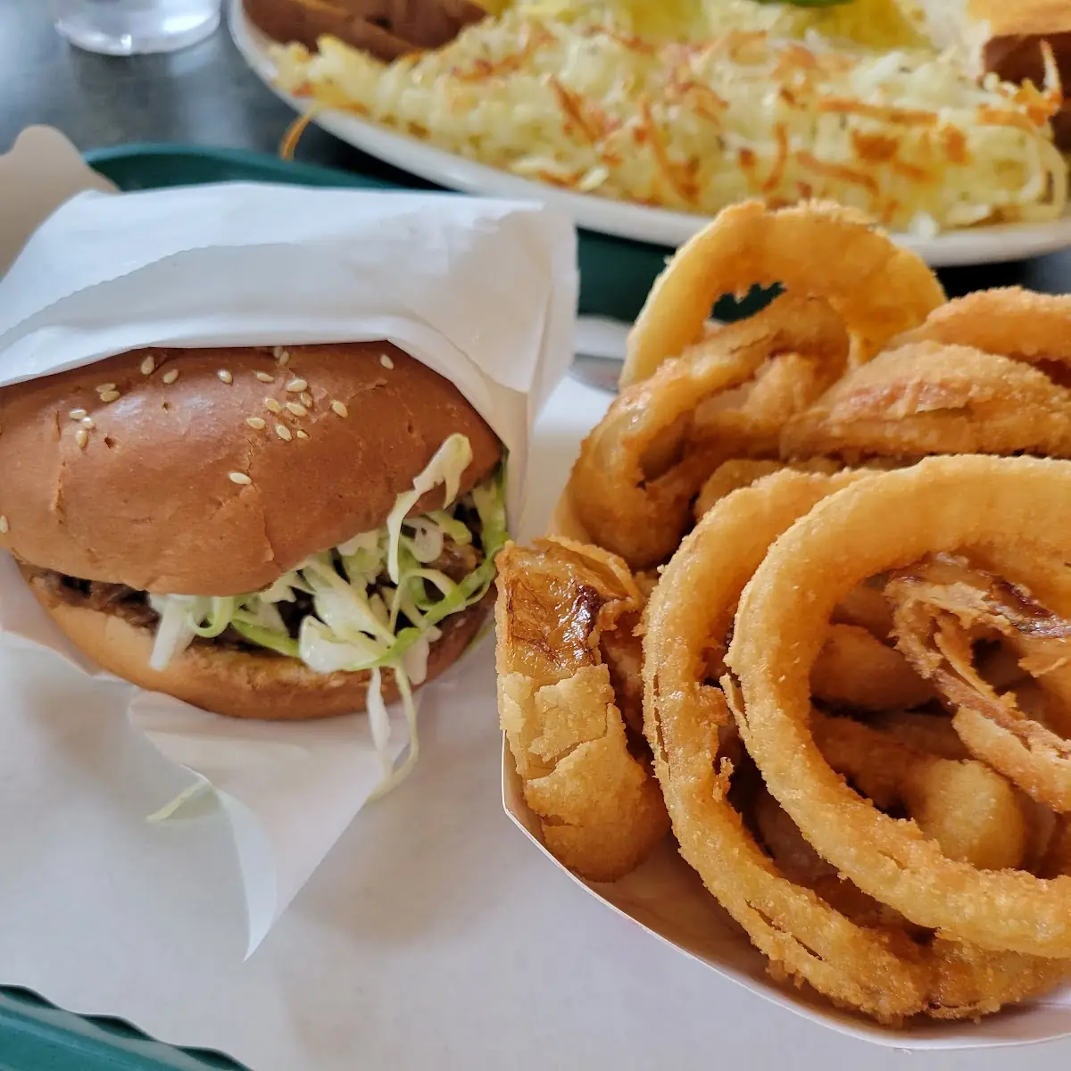 Pulled Pork Sandwich and Onion Rings