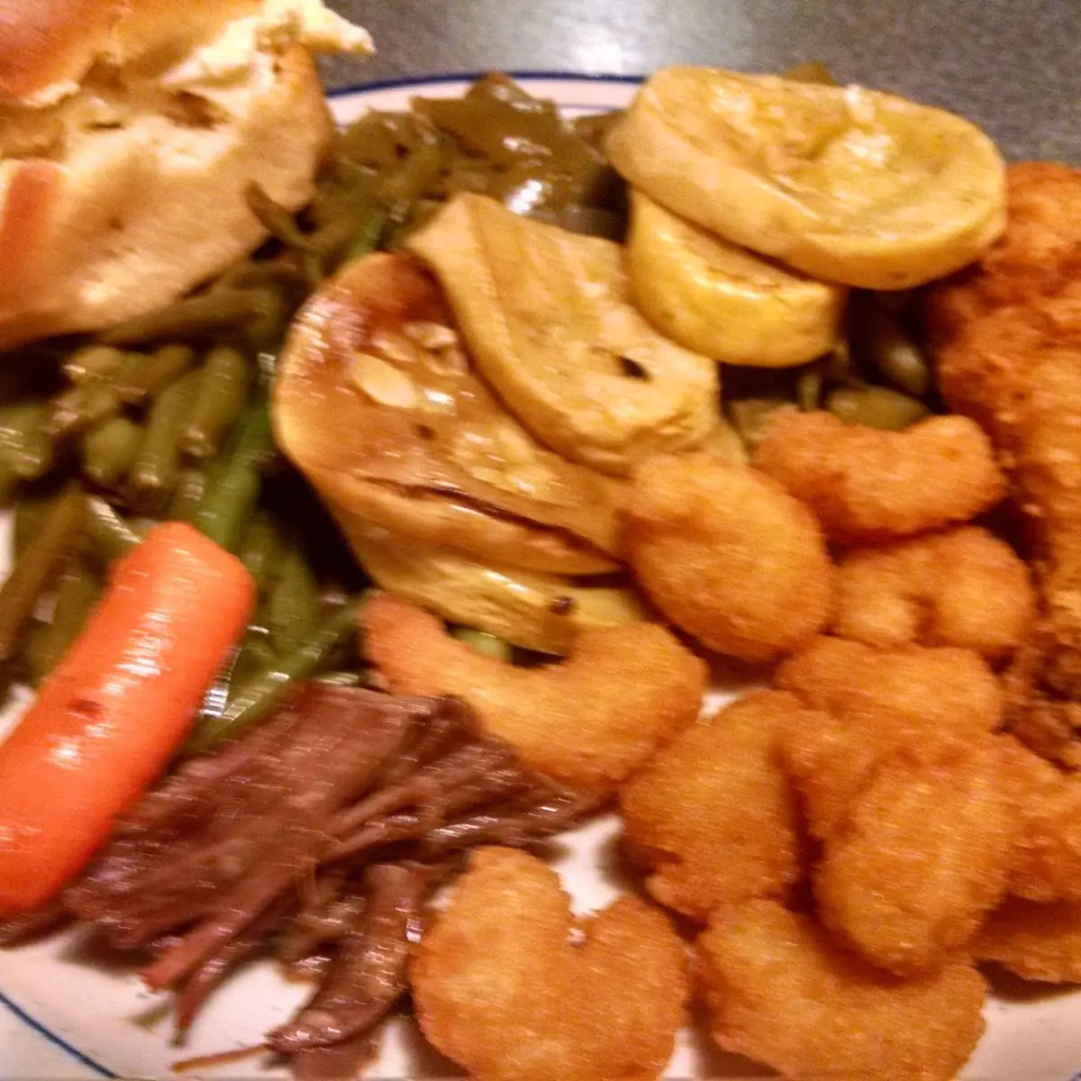 Fried Chicken Shrimp Squash Among Other Items Available from the Buffet