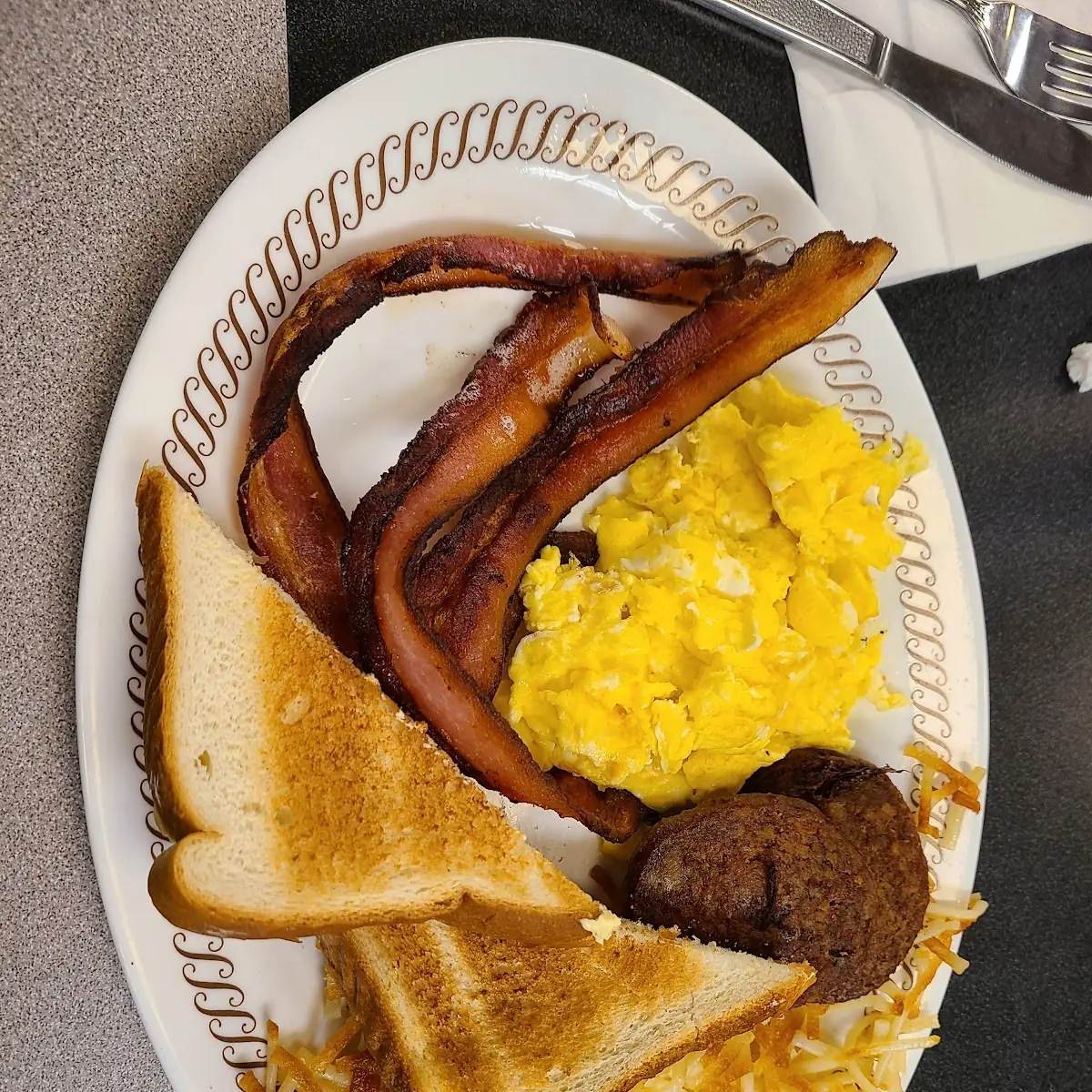 Bacon Sausage Two Eggs Scrambled