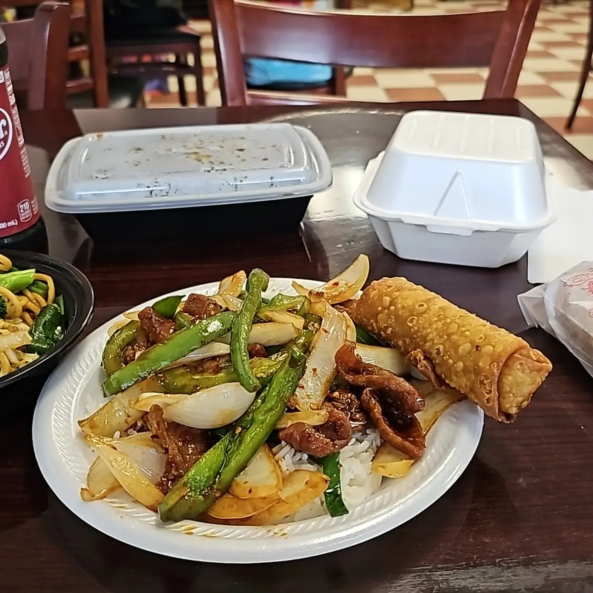 Mongolian Beef Lo Mein and Egg Rolls