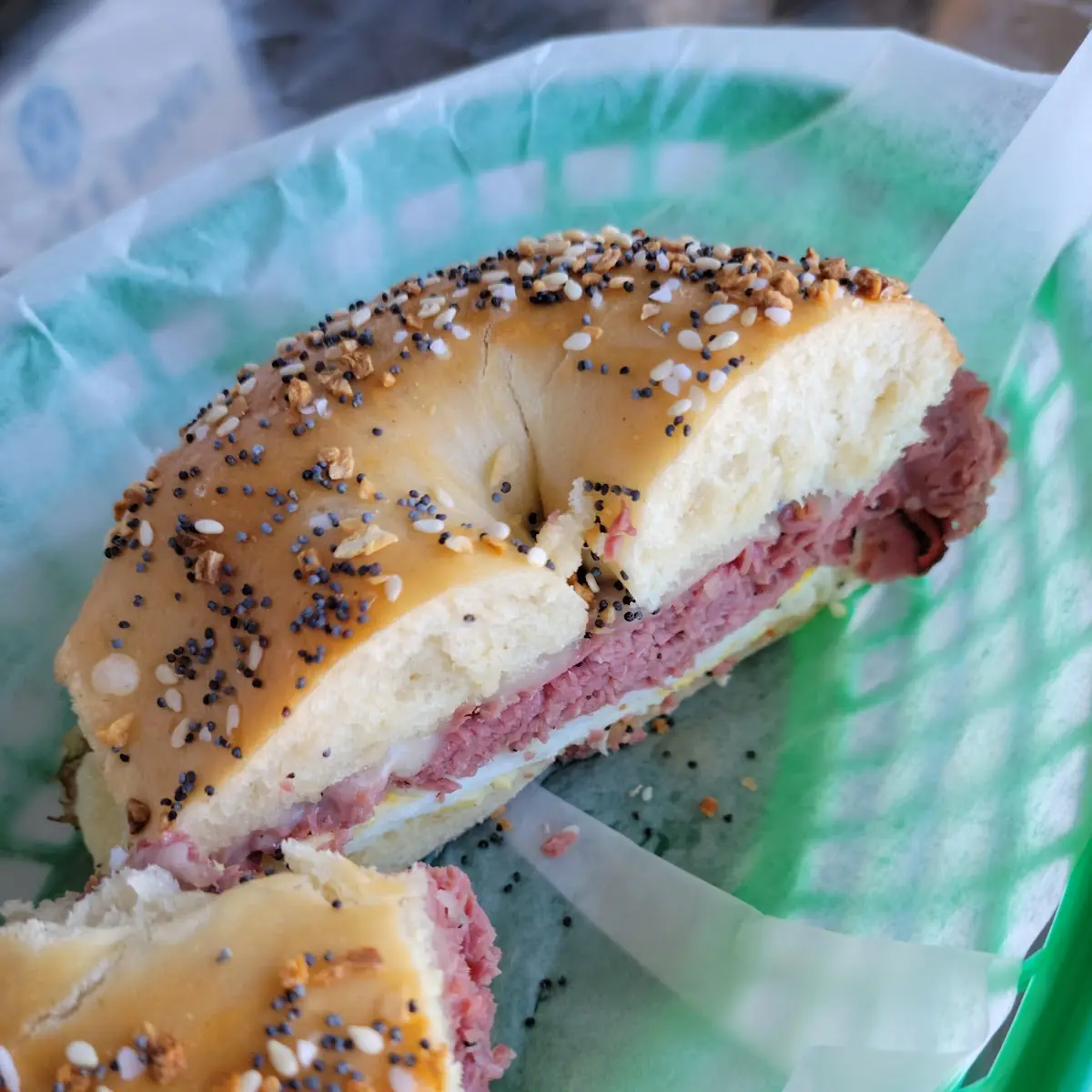 Pastrami Chive Cream Cheese on Everything with Cheese Bagel