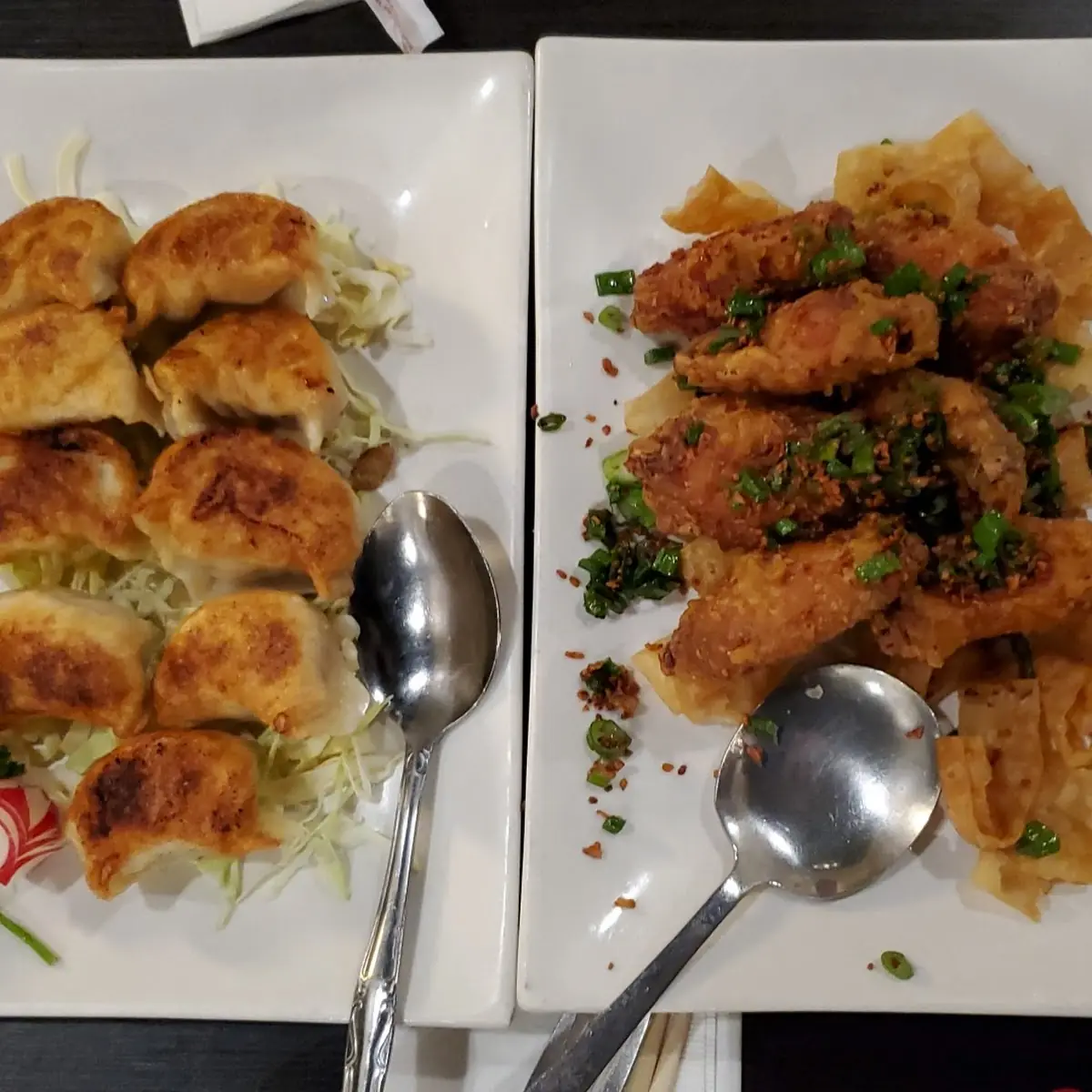 Seared Dumplings and Fried Chicken Wings