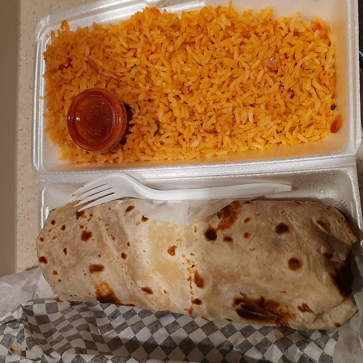 Spanish Rice and a Carnitas Burrito