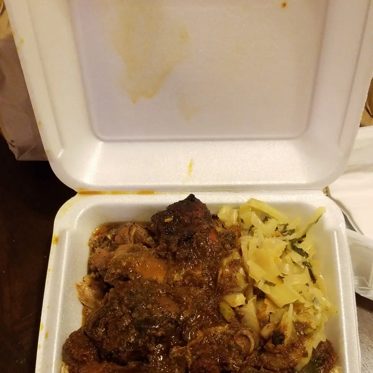 Jerk Chicken with Rice Peas and Cabbage