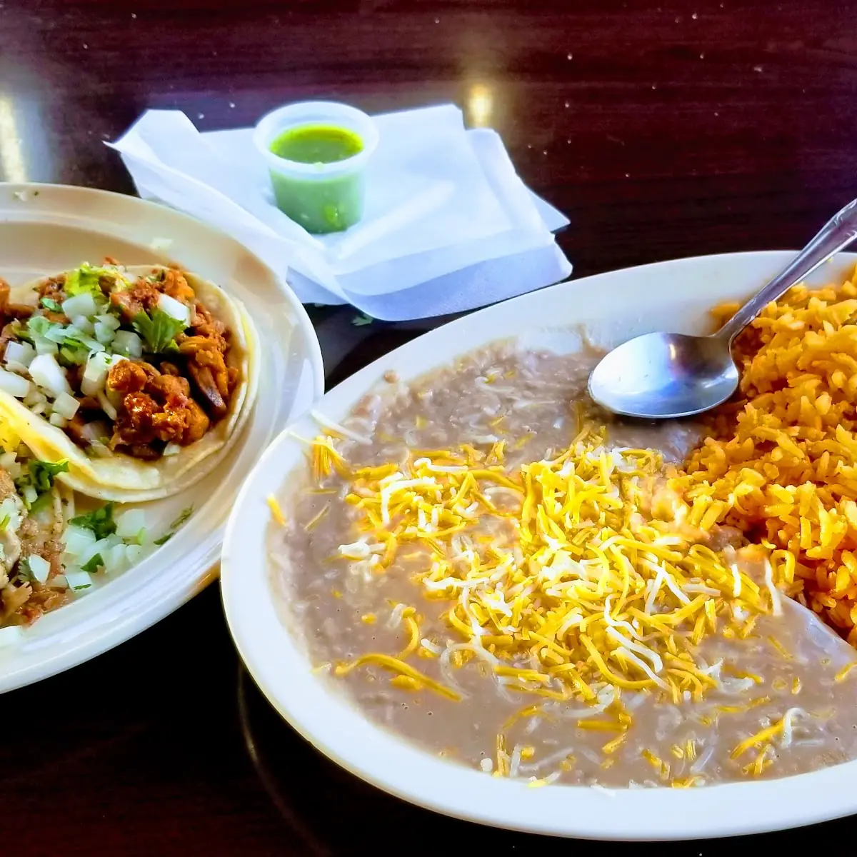 Pollo and Carnitas Tacos with Beans and Rice