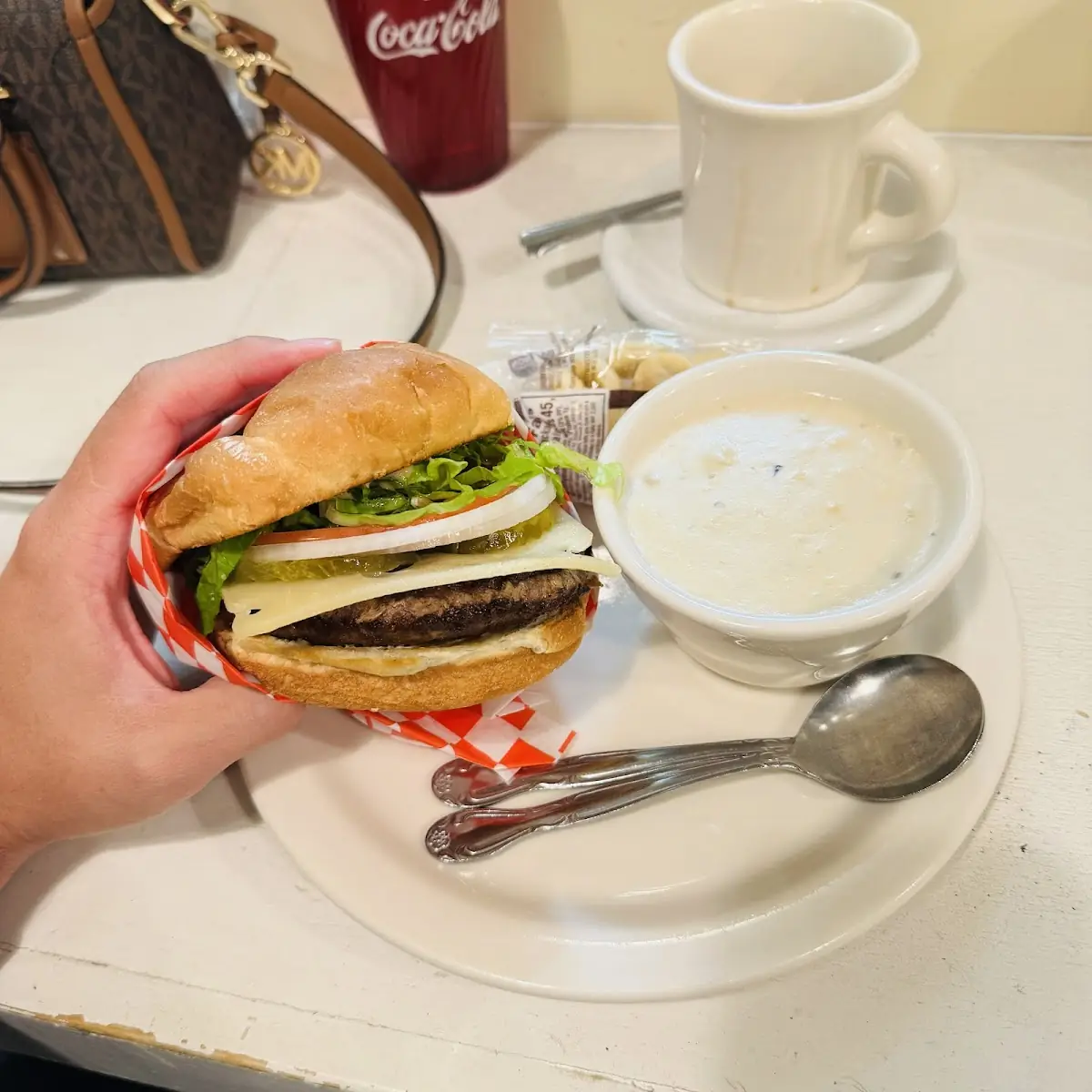 Swiss Mushroom Burger with Clam Chowder