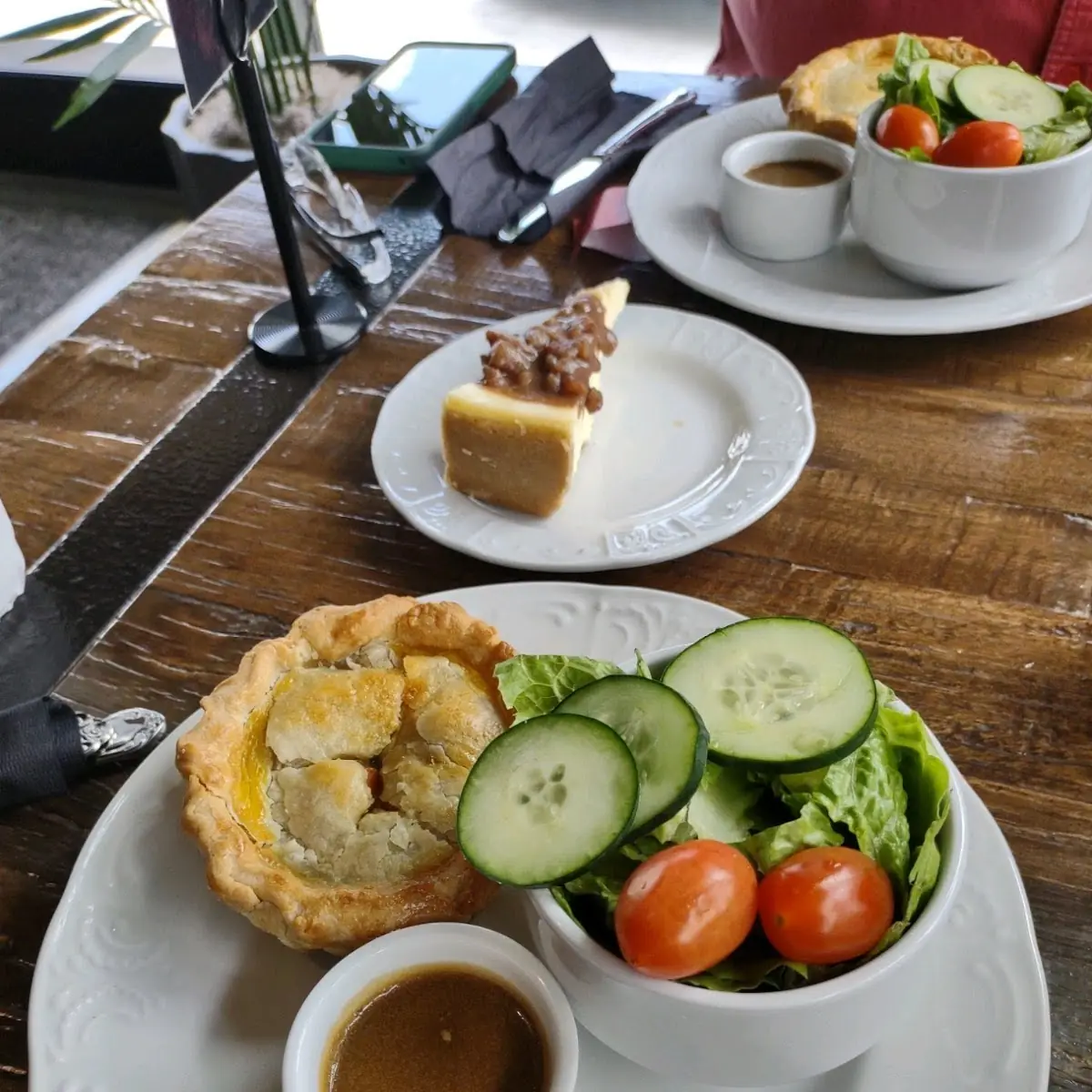 Chicken Pie Side Salad Caramel Pecan Cheesecake
