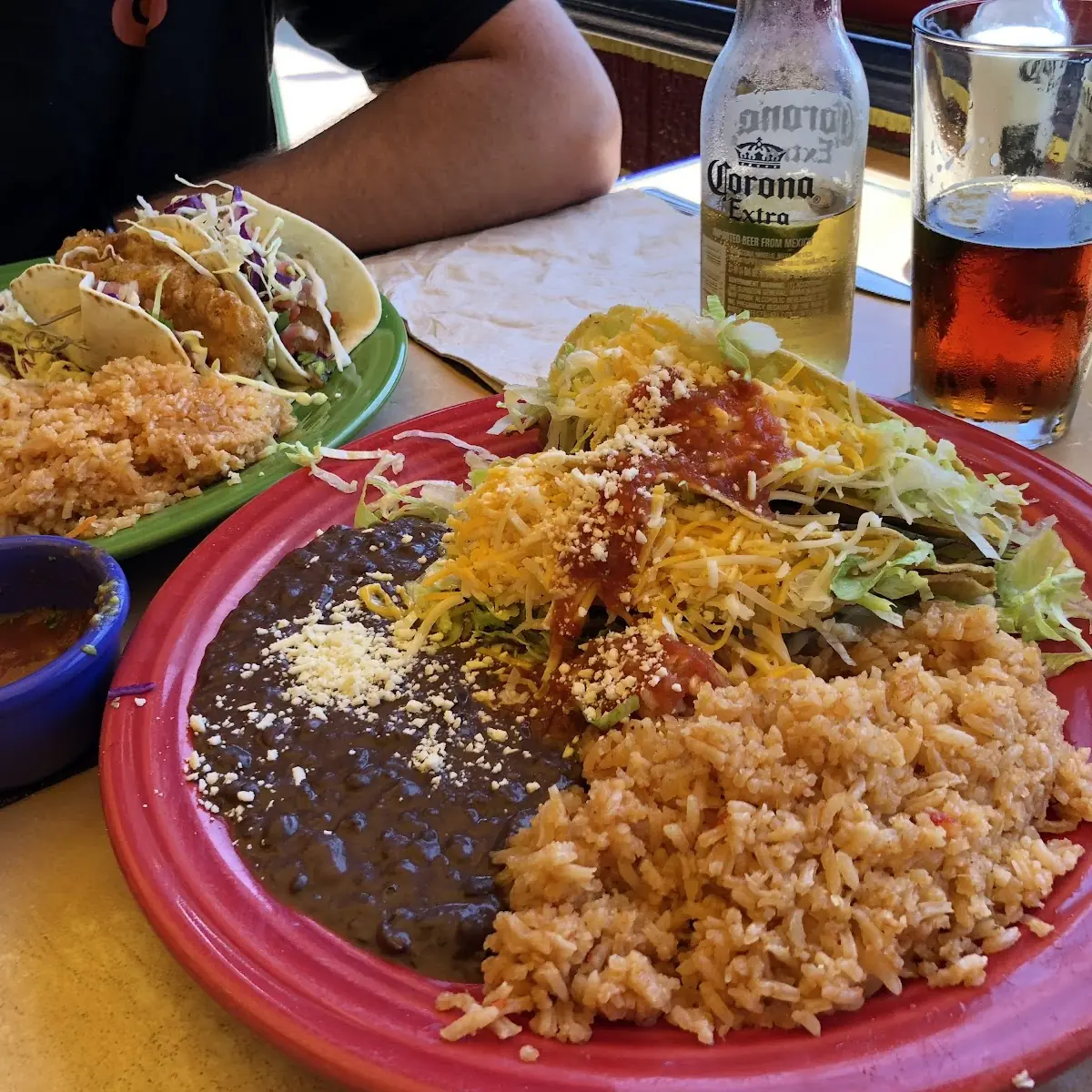 Seafood Enchiladas with Refried Beans and Cabbage Salad