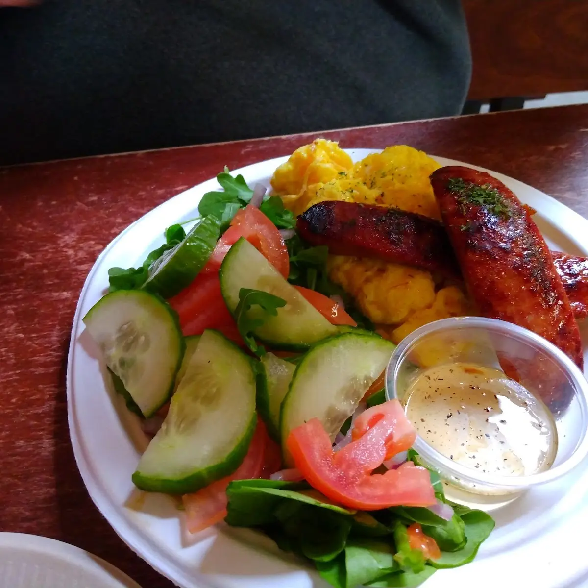 Scrambled Eggs with Chicken Sausage and Salad
