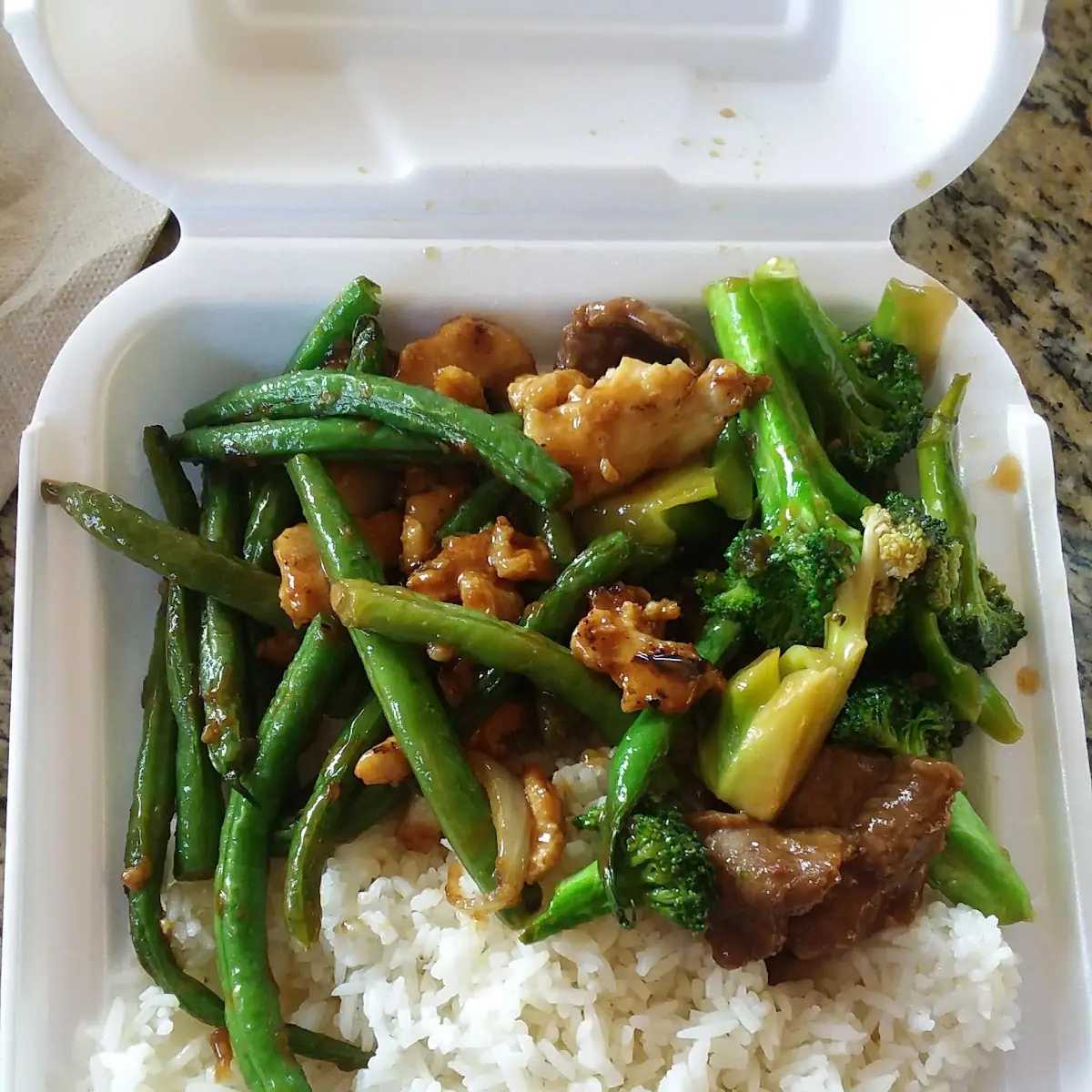 White Rice with Broccoli Beef and String Bean Chicken