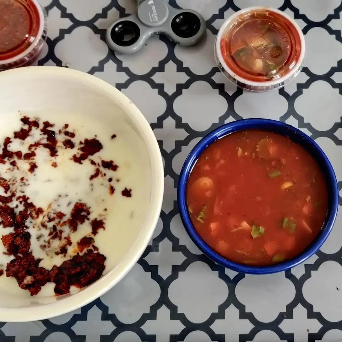 Cheese Dip with Chorizo Salsa and Guacamole