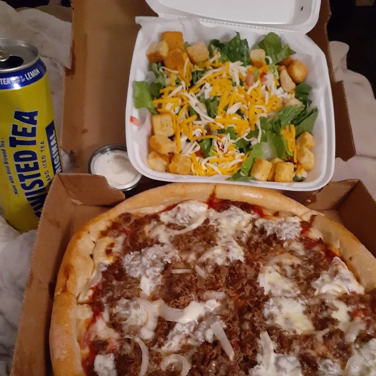 Small Cheesesteak Pizza and Small Garden Salad Superb