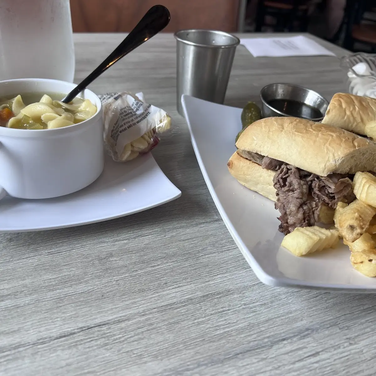 French Dip and Chicken Noodle Soup