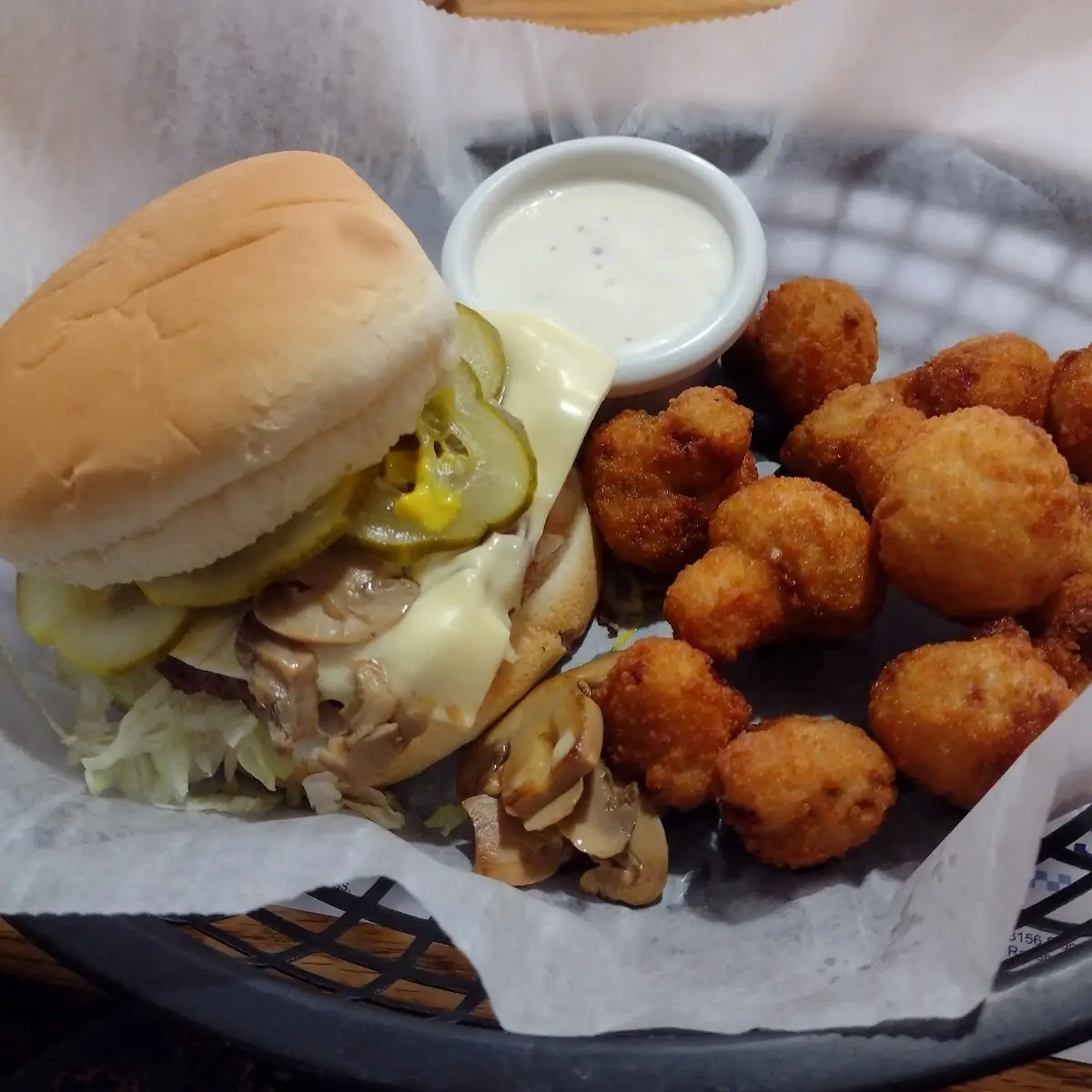Mushroom Swiss Burger and Fried Mushrooms