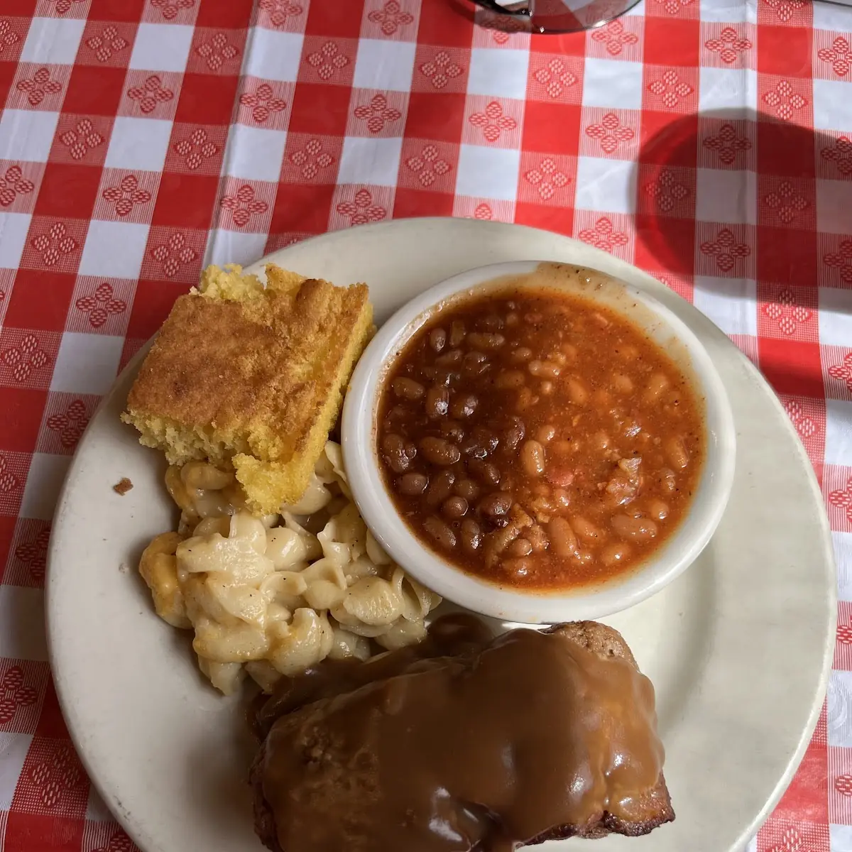 Meatloaf with Mac and Cheese and BBQ Beans