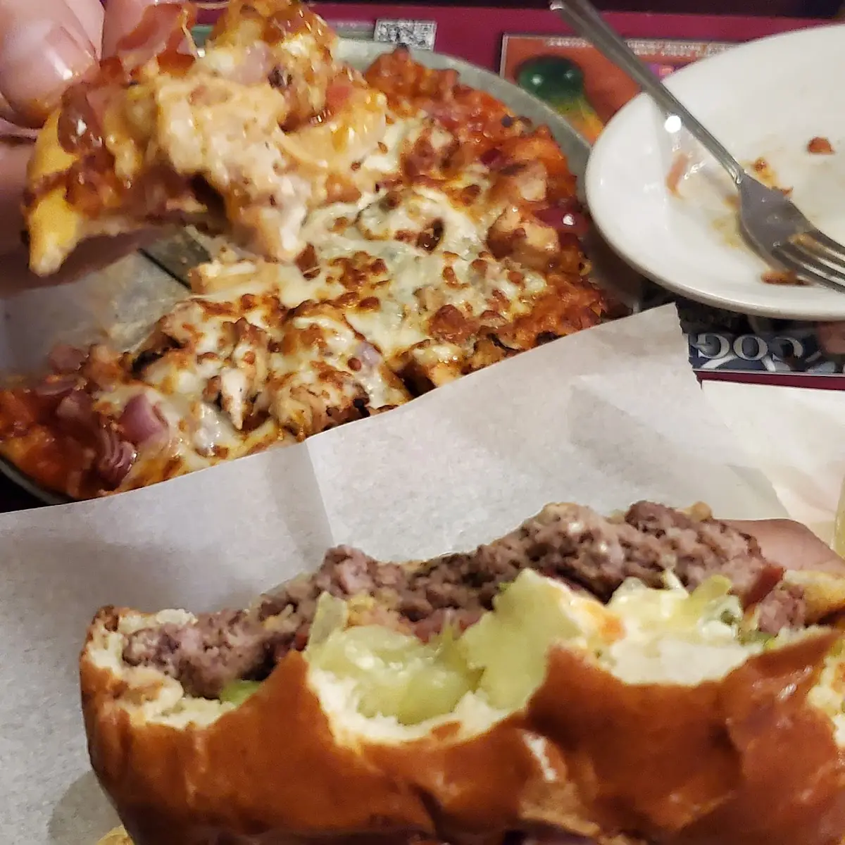 Bacon Burger and BBQ Chicken Pizza