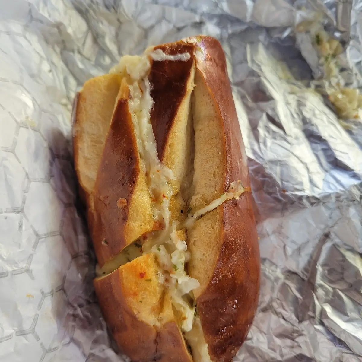 Cheesy Garlic Pretzel Bread with Bratwurst
