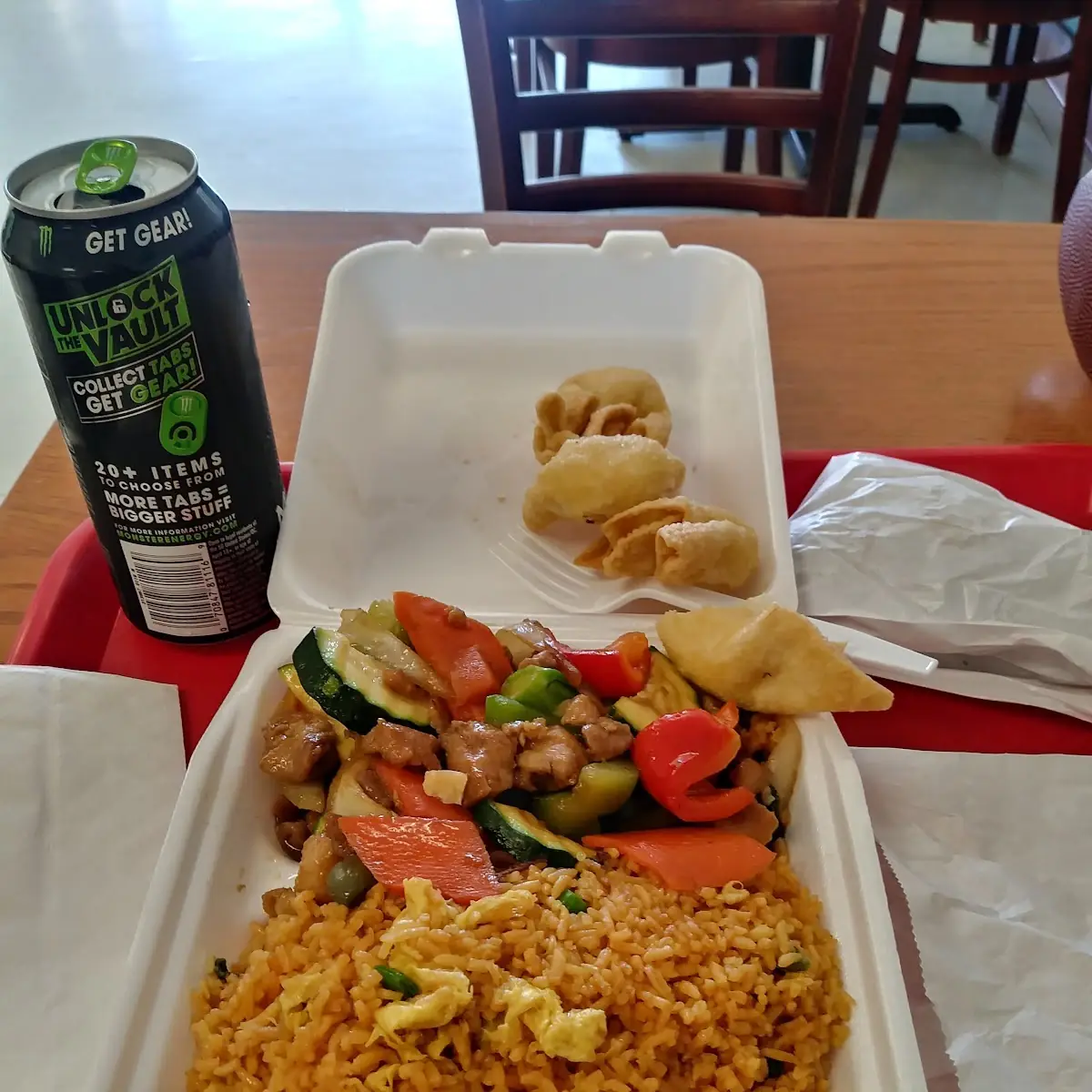 Fried Rice Chicken Combo Chicken Skewer Fried Won Ton Monster Energy Drink
