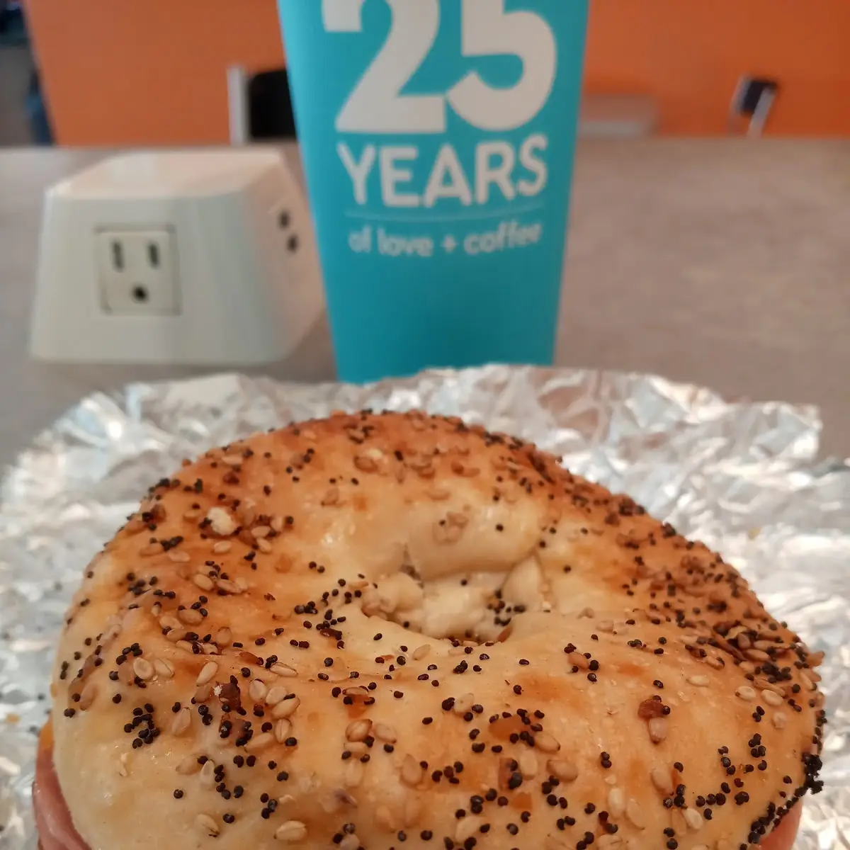 Ham Egg and Cheese on an Everything Bagel with Cream Cheese