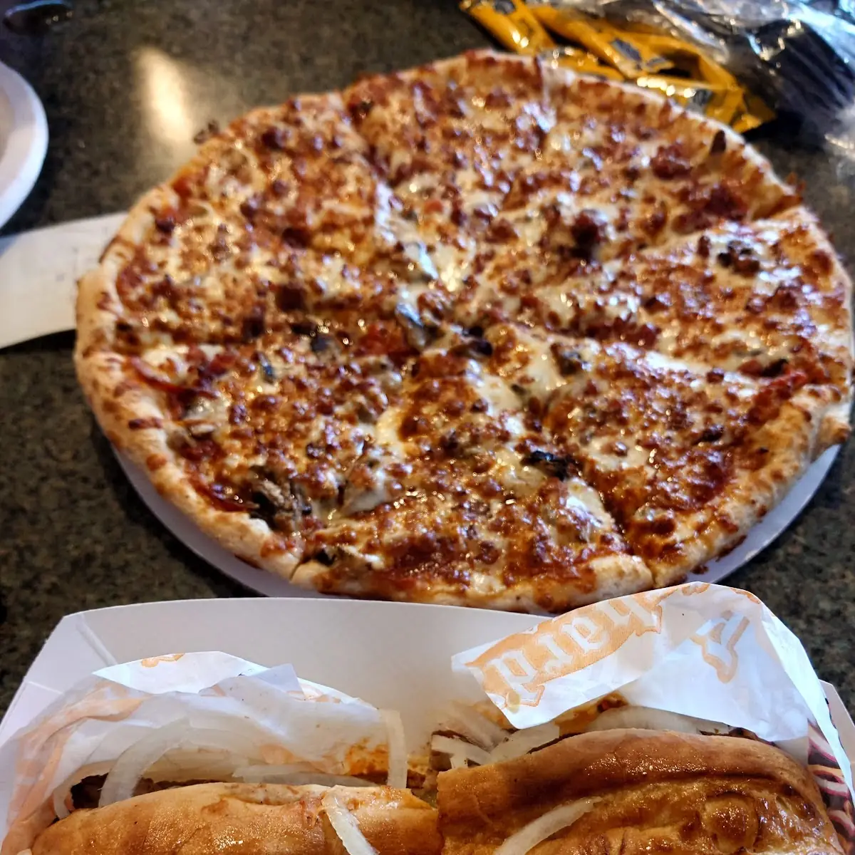 Steak Sandwich & Pizza