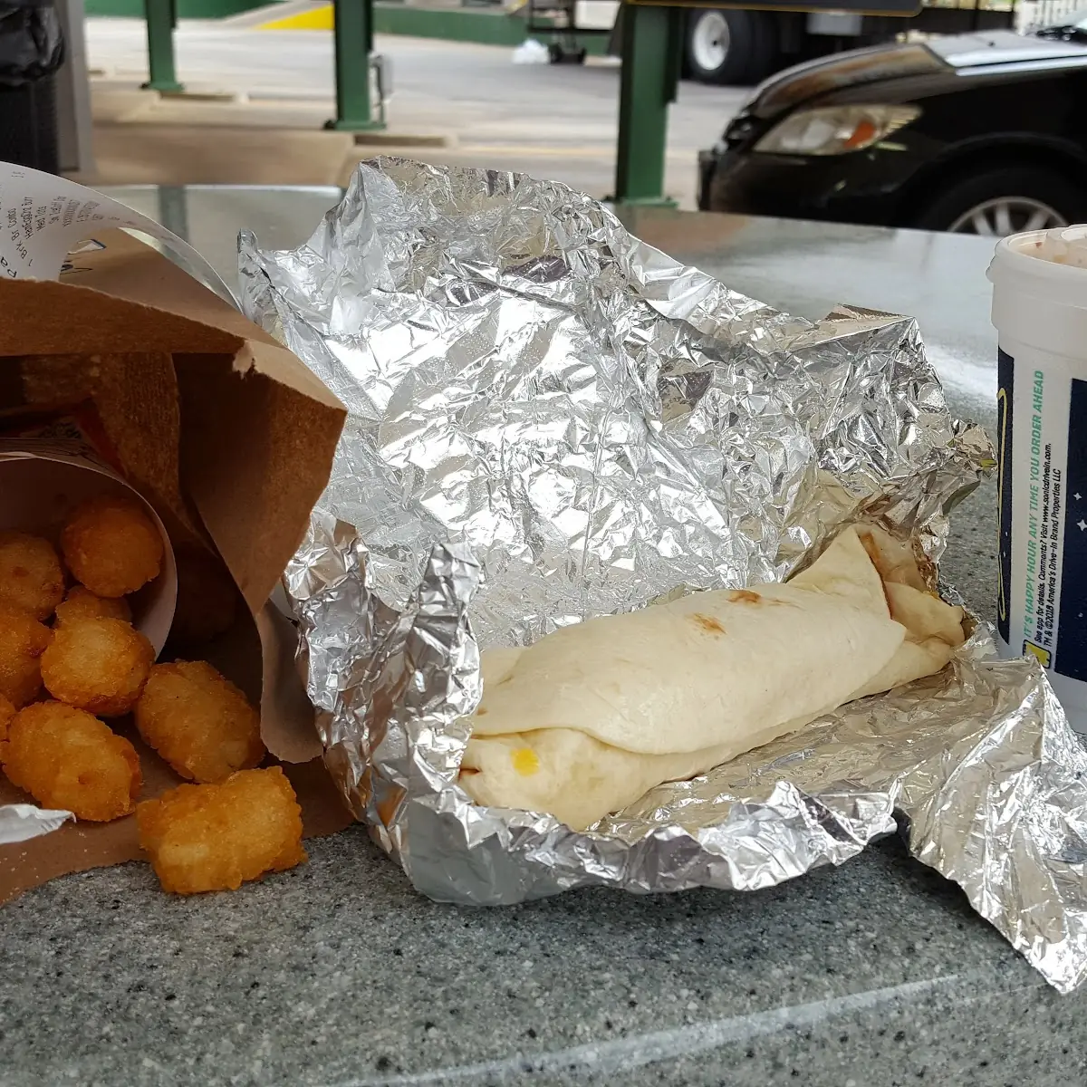 Breakfast Burrito Tots and a Iced Caffe Mocha