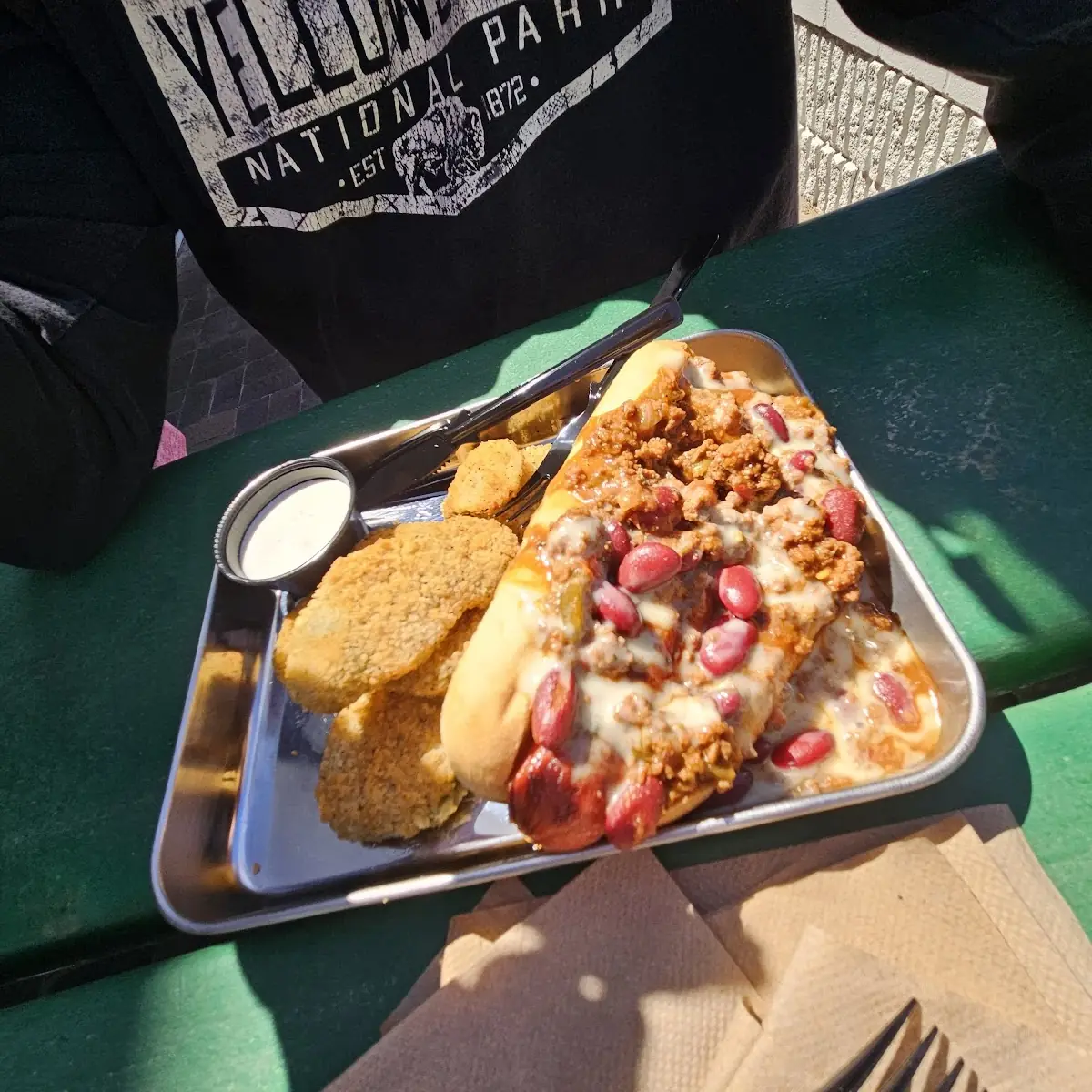Chili Cheese Dog and Fried Pickles