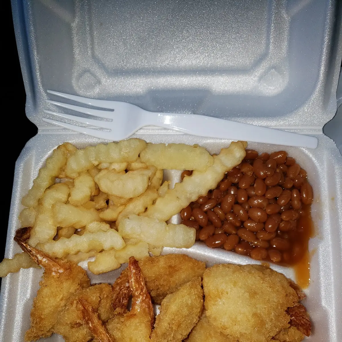 Large Shrimp Fries and Baked Beans
