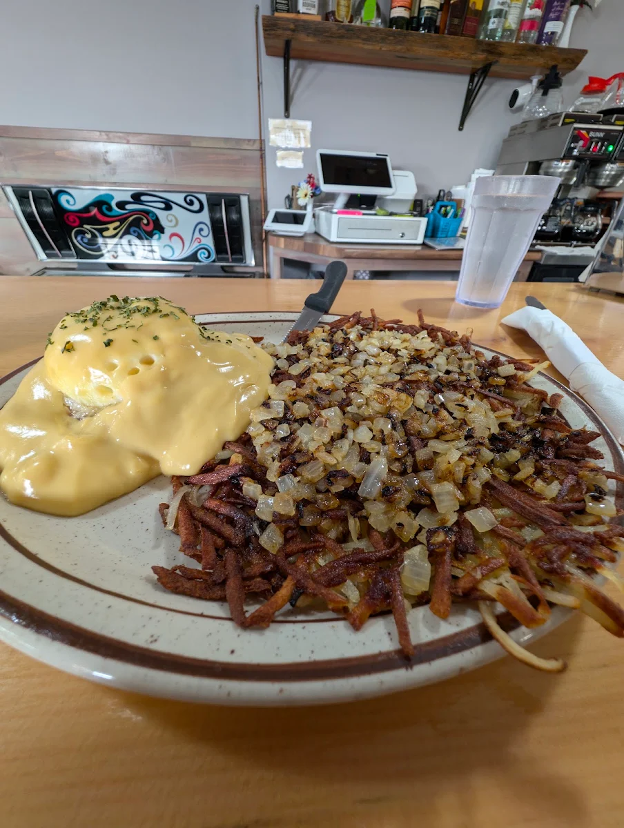 Eggs Benedict and Hash Browns with Onions