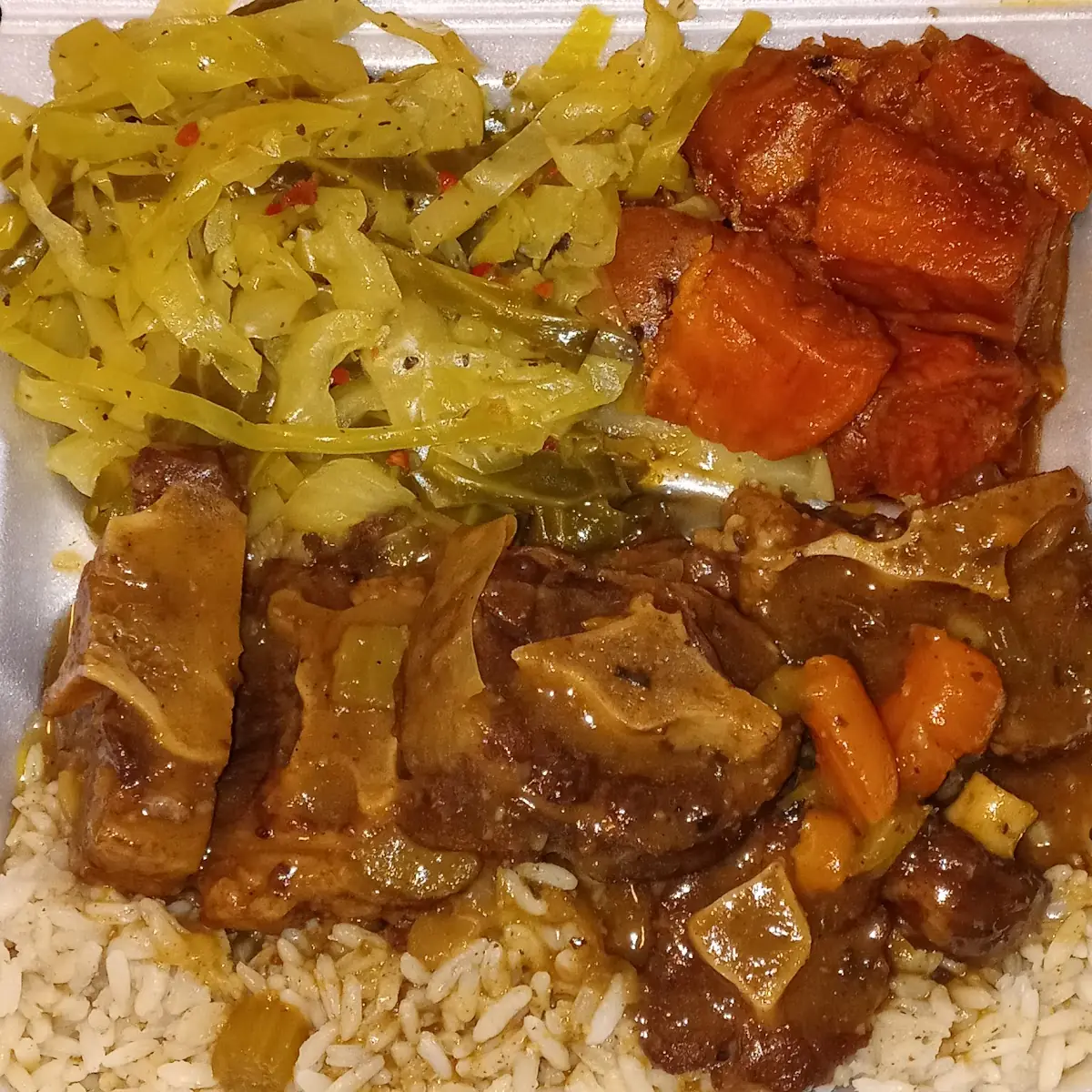 Oxtails Cabbage Yams White Rice
