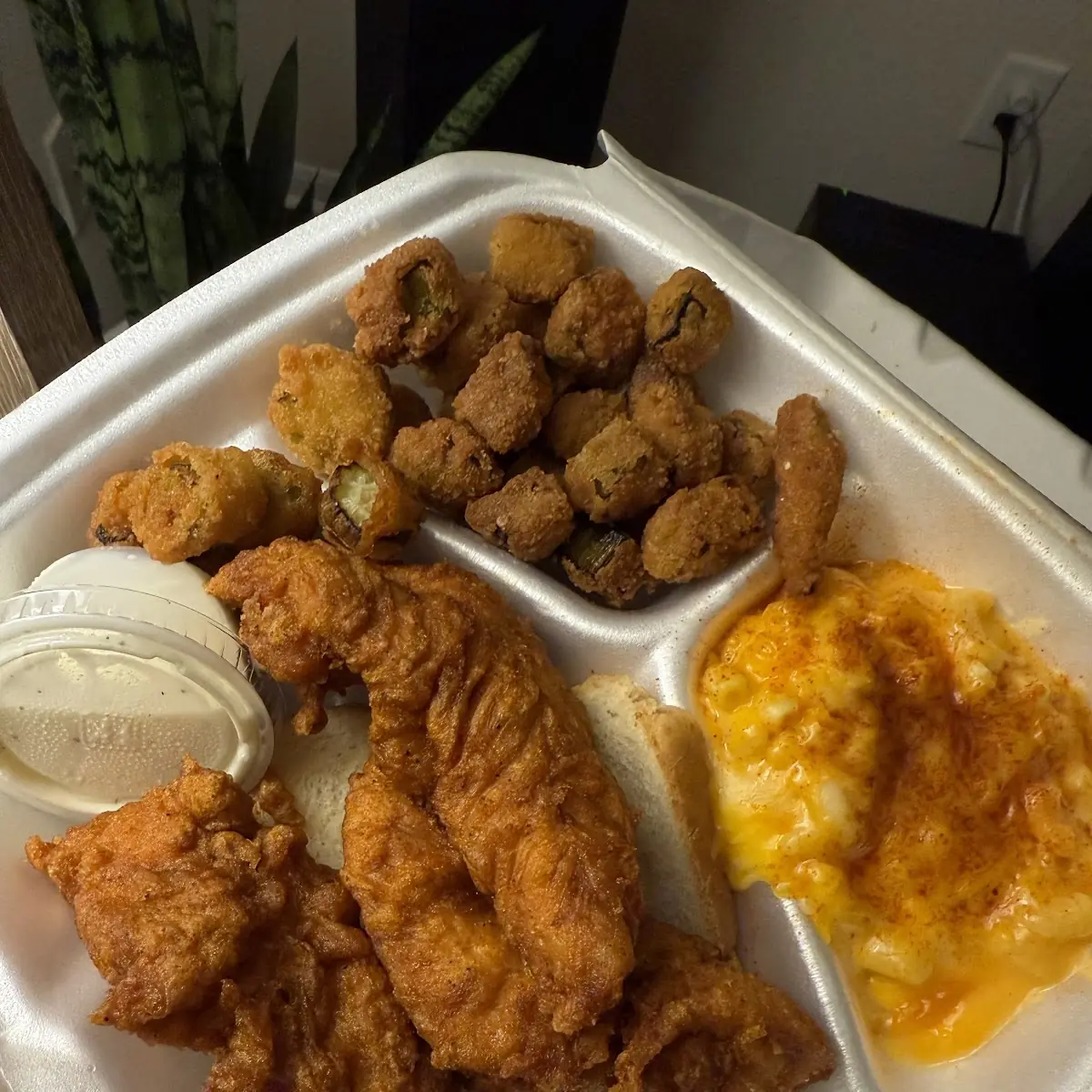 Fried Chicken Plate with Fried Okra and Mac and Cheese