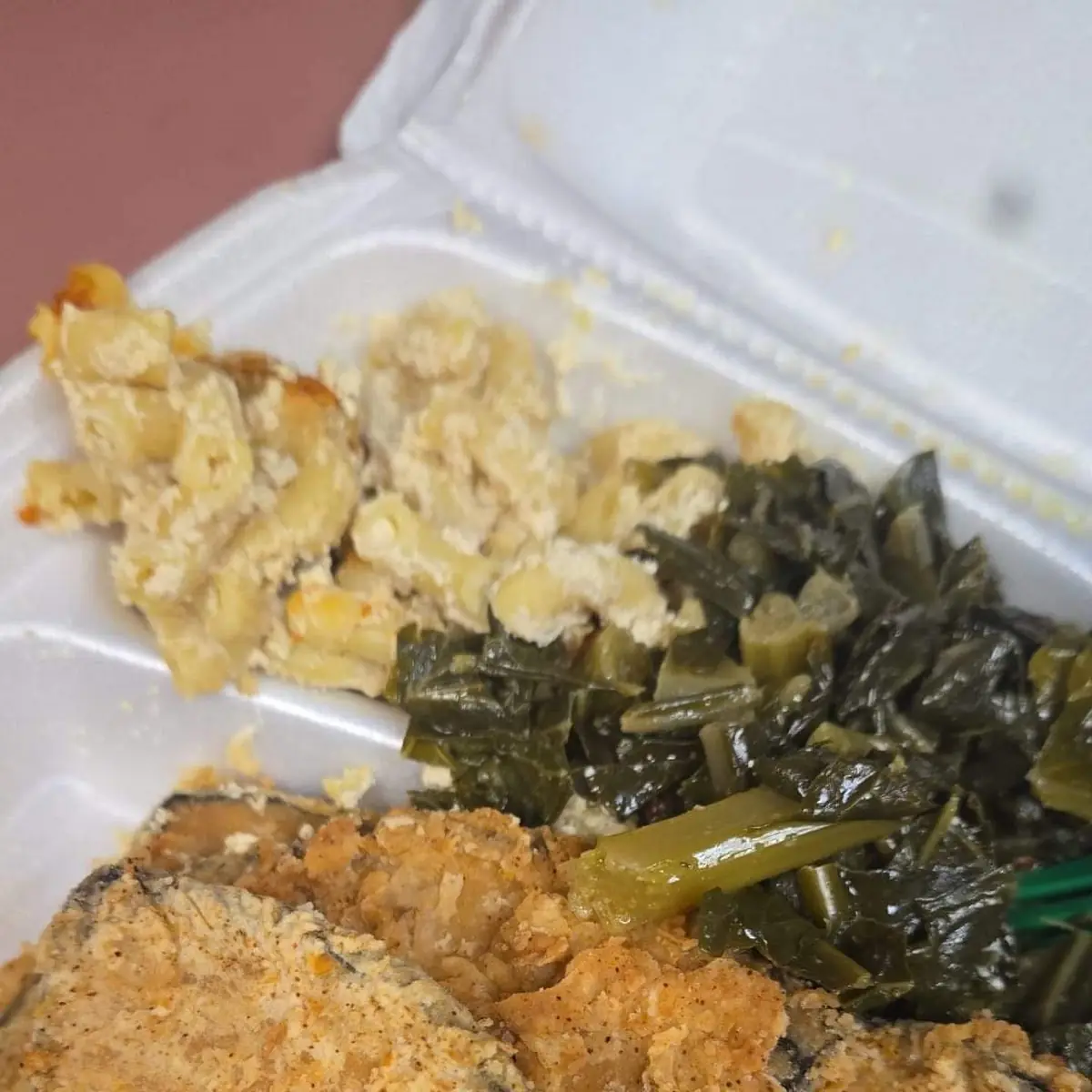 Vegan Fish Mac and Cheese and Collard Greens