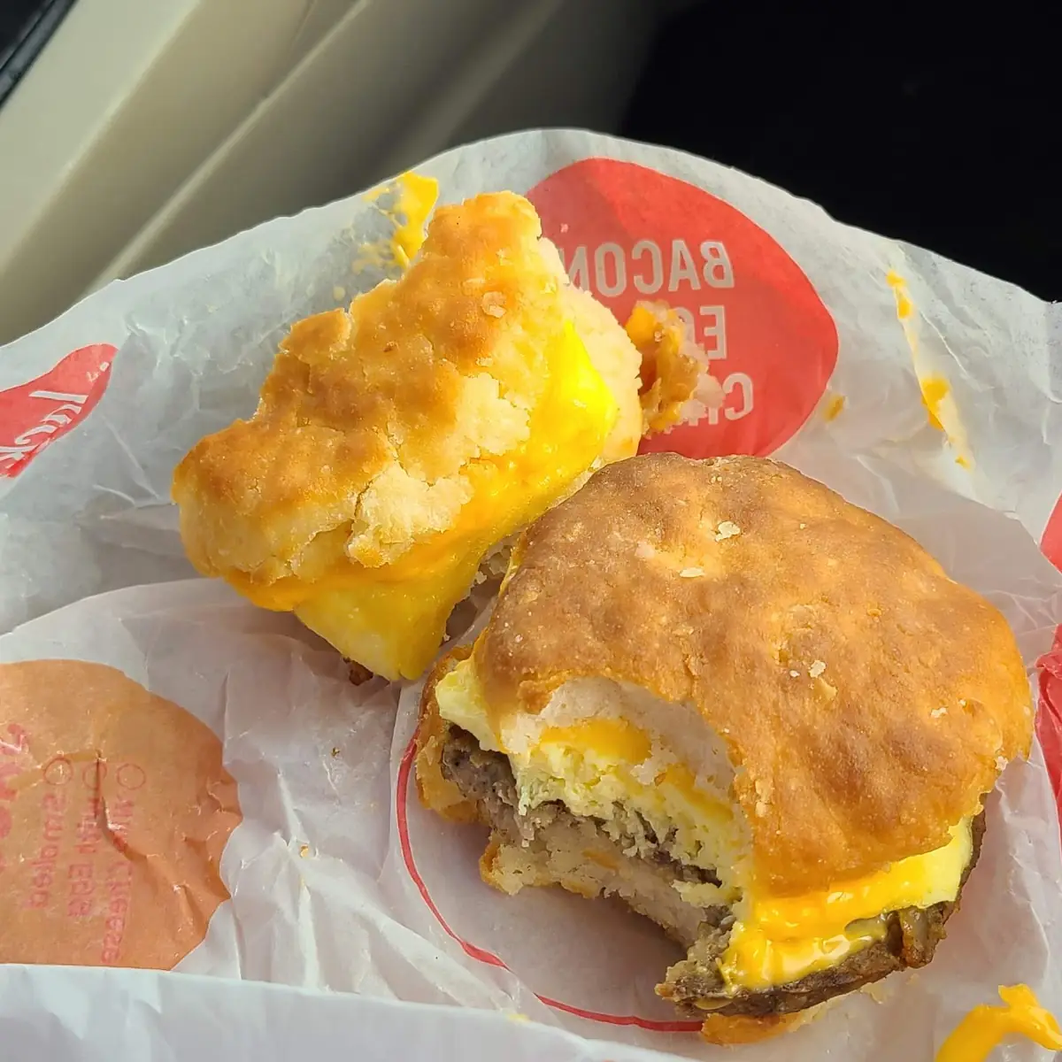 It's a Sausage Egg and Cheese Biscuit and a Bacon Egg and Cheese Biscuit