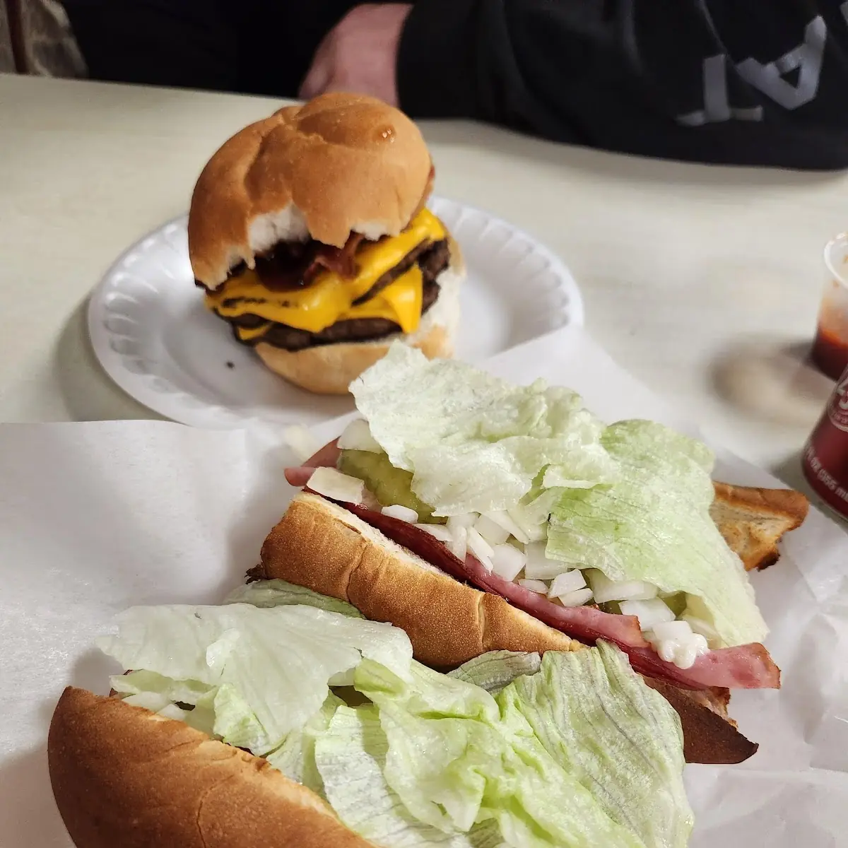 Baked Italian Sub and Double Bacon Cheeseburger