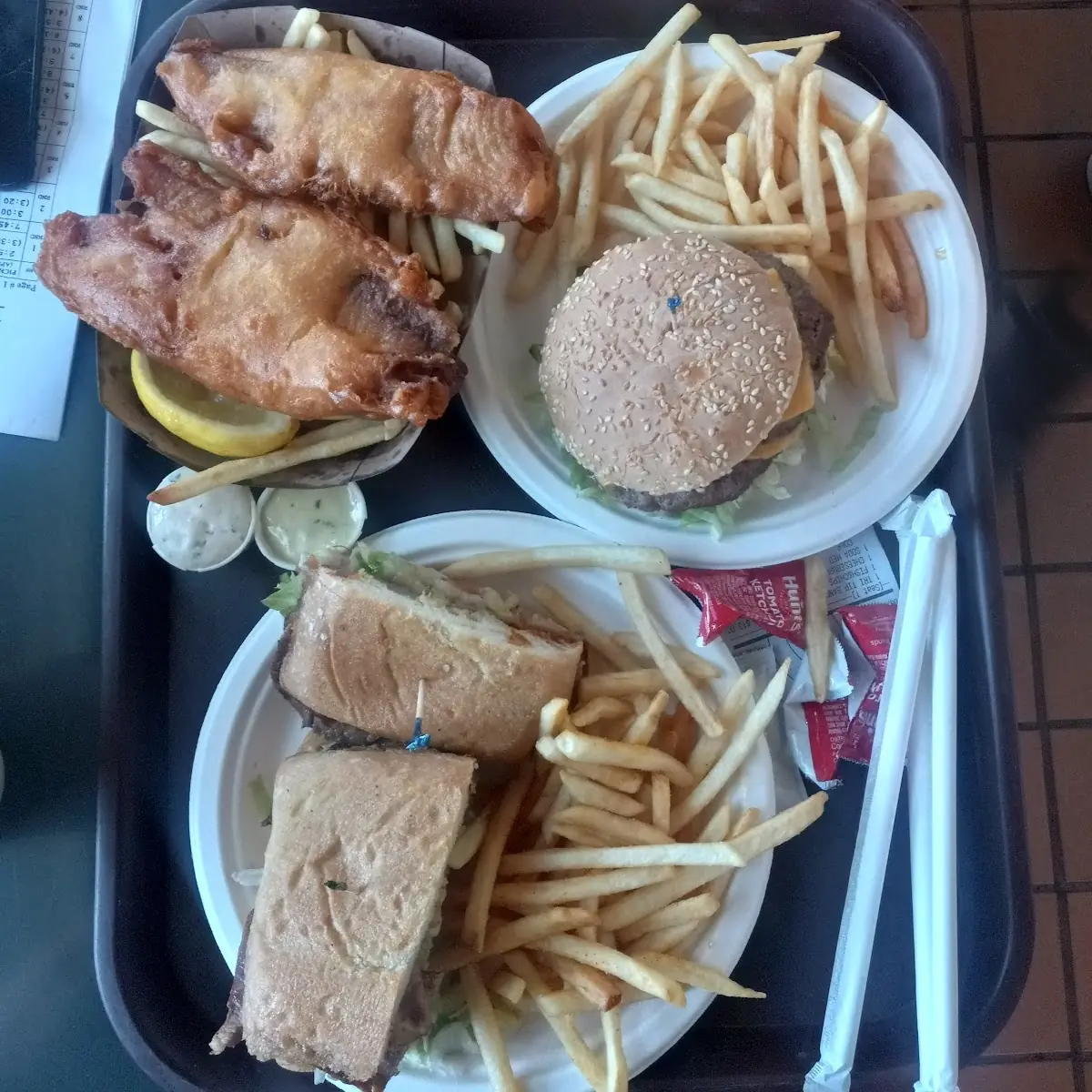 Fish & Chips Tri Tip Sandwich and a Cheese Burger