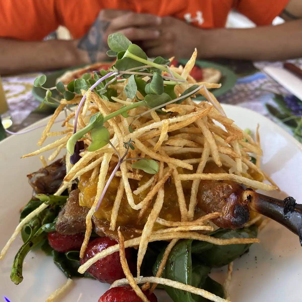 Duck on Strawberry Salad and Fried Green Apples