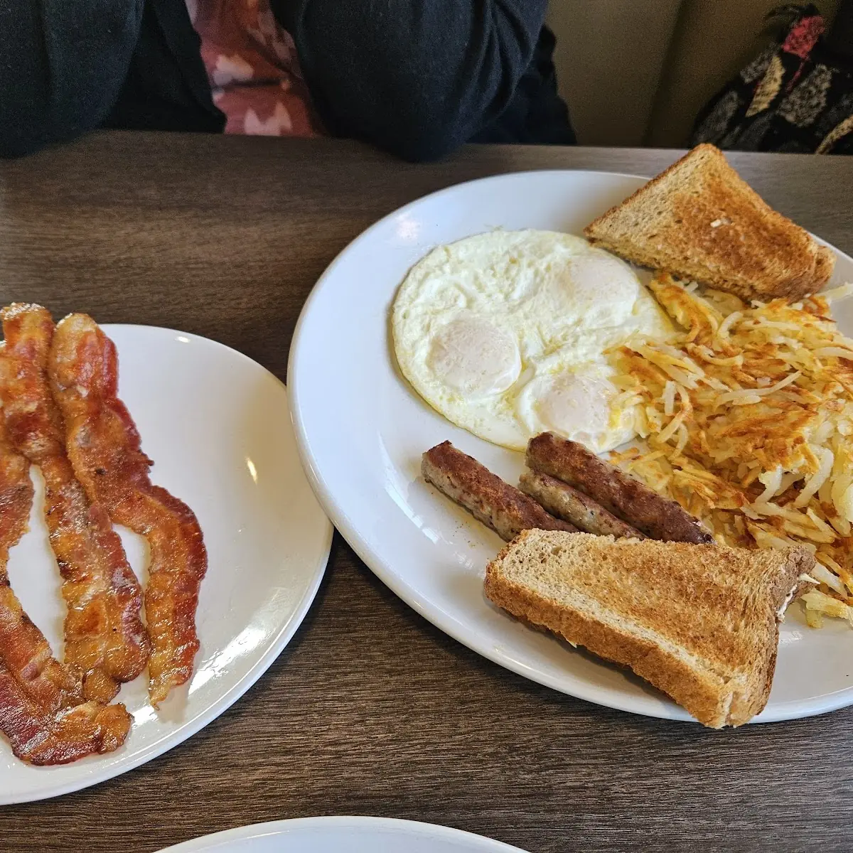 Three Eggs Meat Hash Browns and Toast