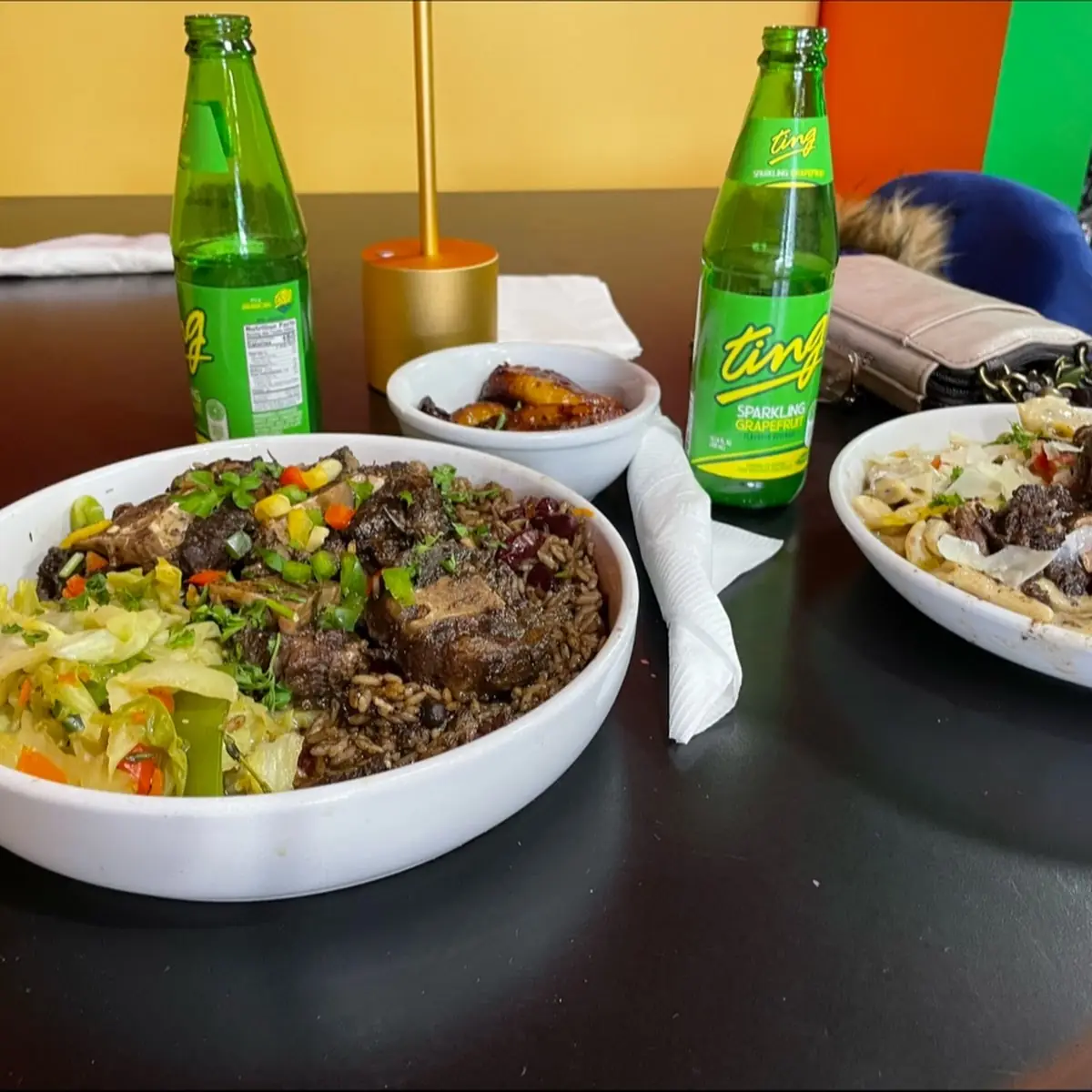 Oxtails Cabbage Rice & Peas Plantains and Ting