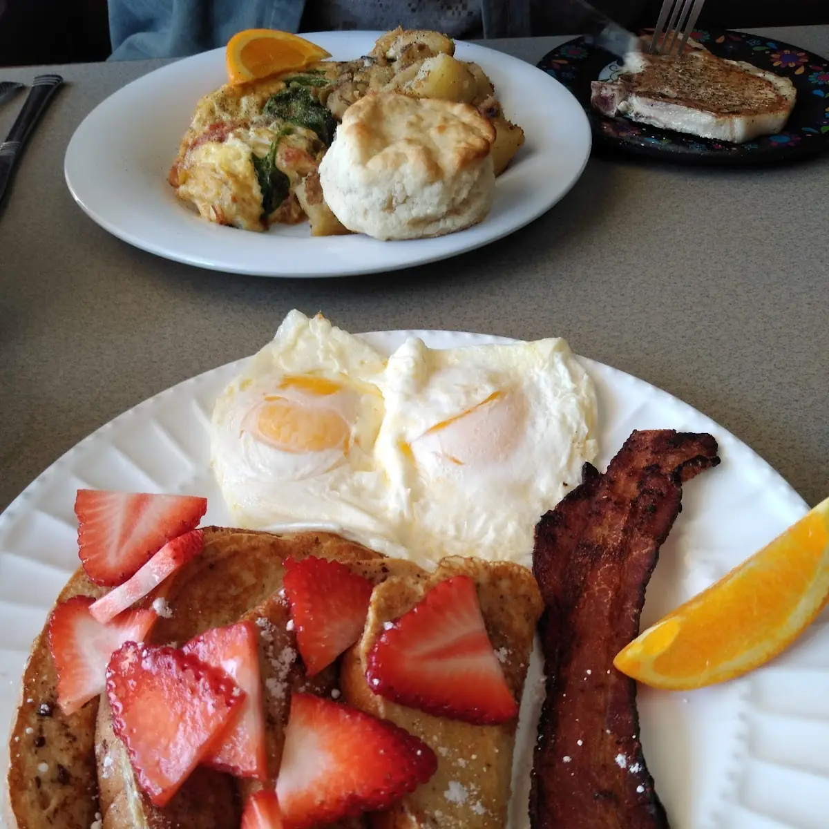 French Toast Crispy Bacon and Eggs over Easy