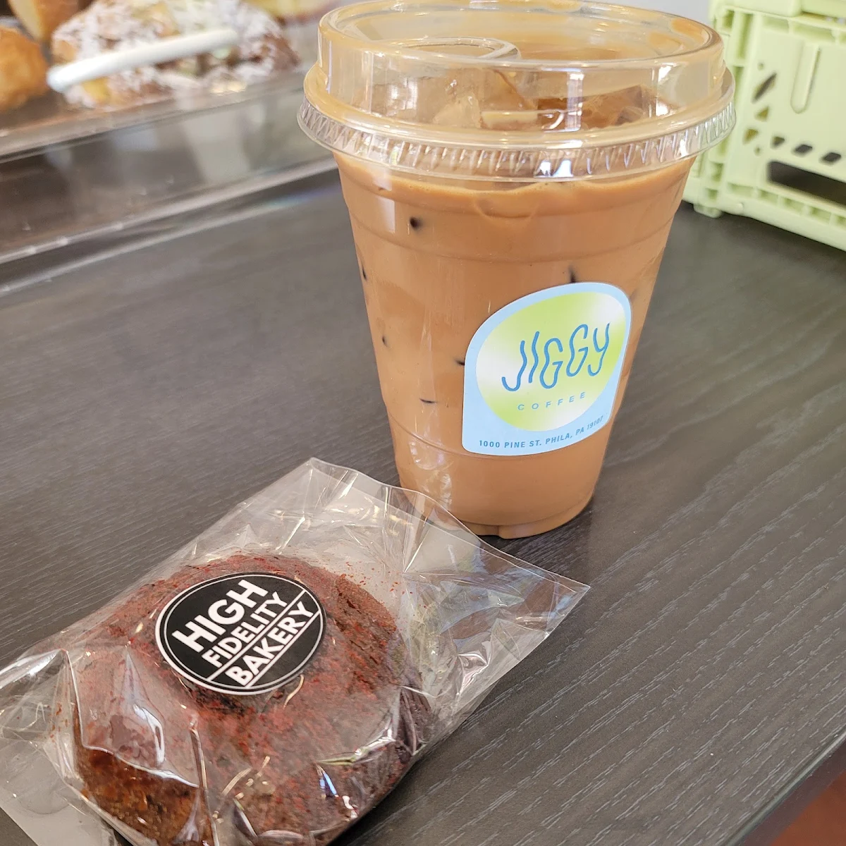 Iced Mocha Latte and Vegan Cholate Raspberry Donut