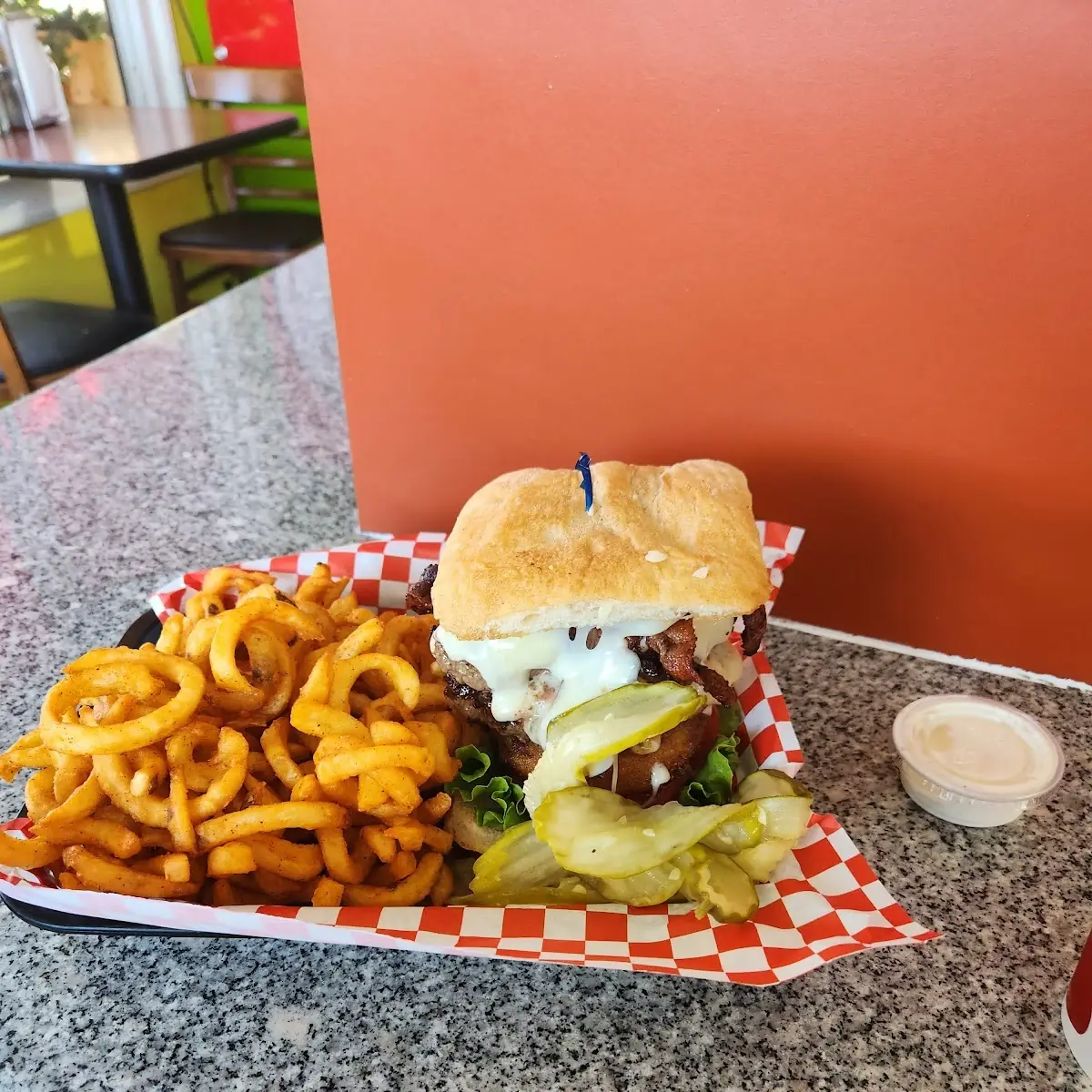 Double Cheeseburger with Extra Pickles and Regular Size Curly Fries