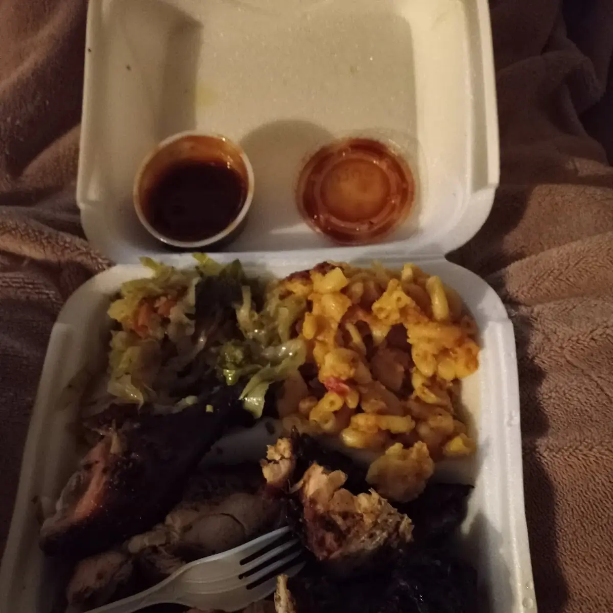 Jerk Chicken Cabbage and Mac and Cheese