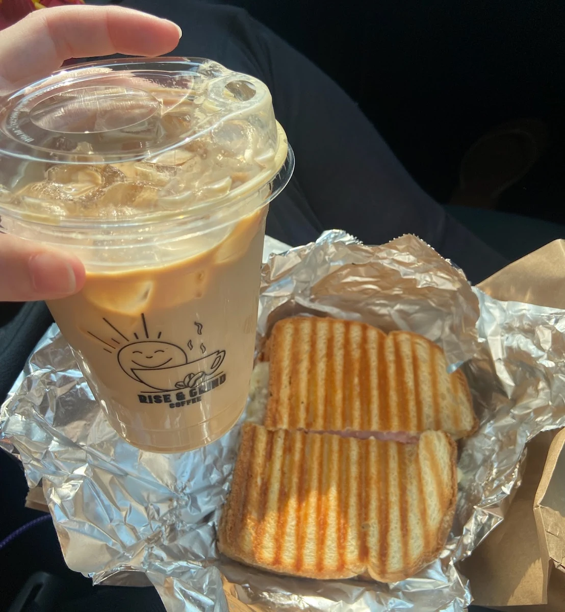 Half Carmel Half Vanilla Latte with Ham and Cheese Panini