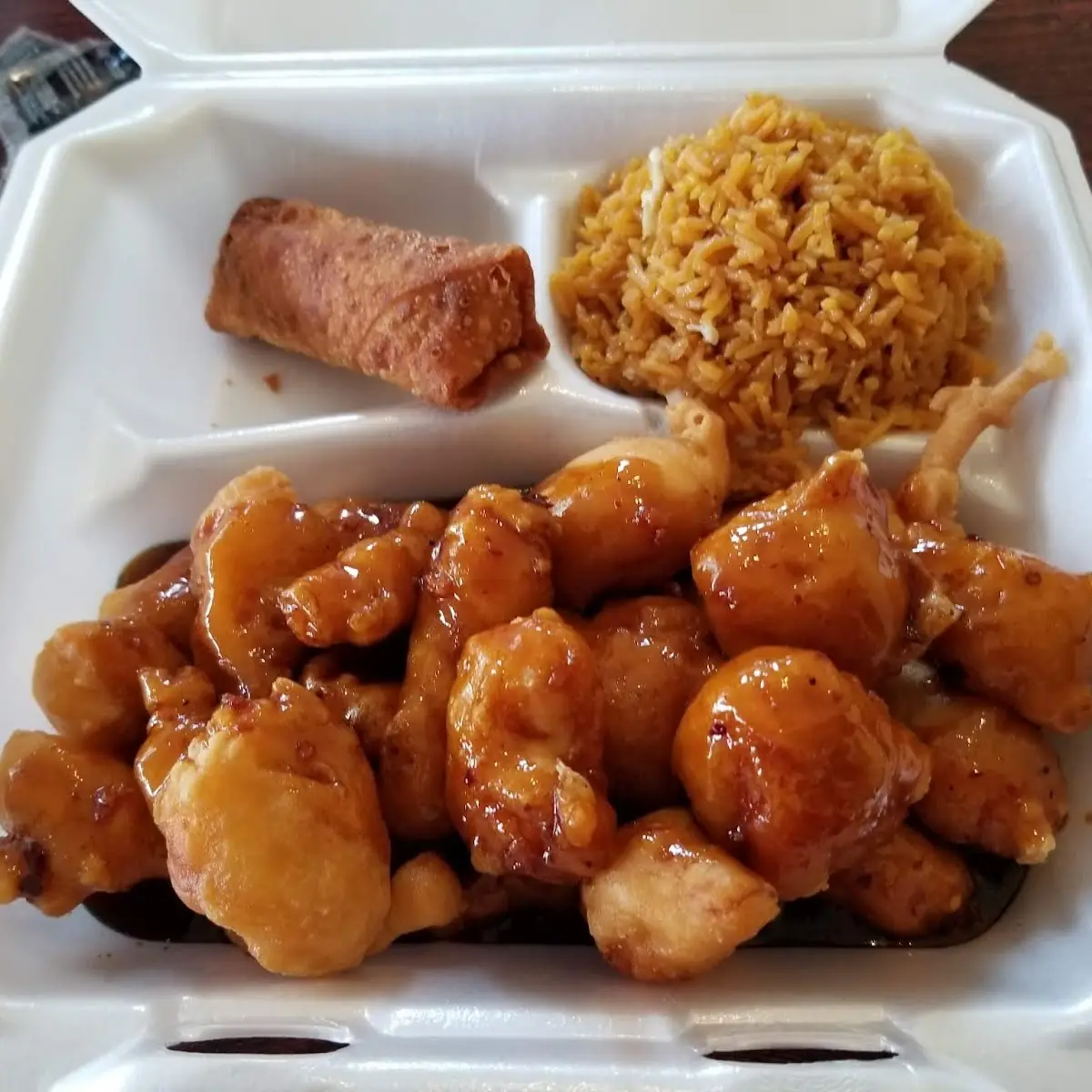 General TSO Chicken with Chicken Fried Rice & Egg Roll