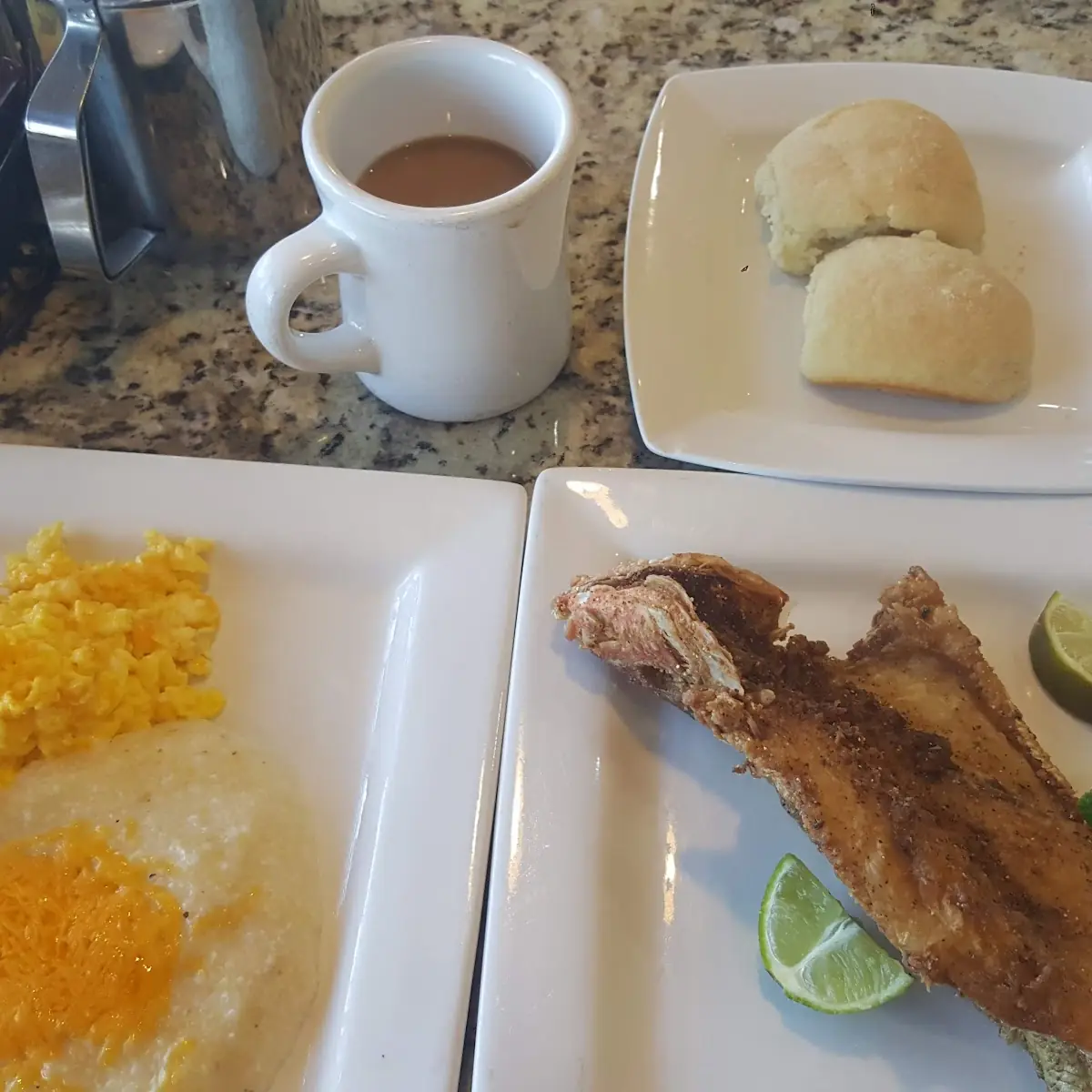 Fried Snapper Grits and Eggs with Biscuits