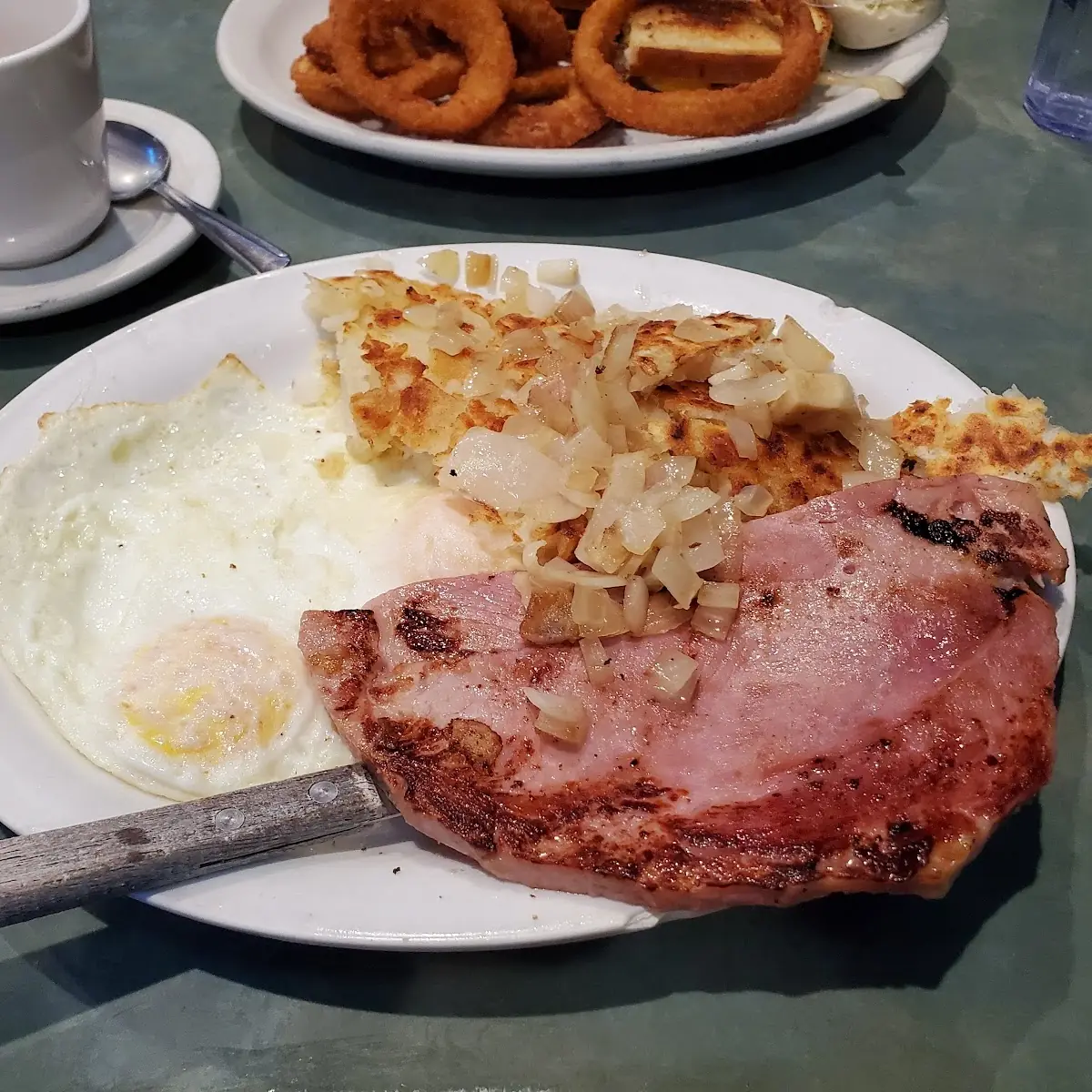 Eggs over Easy with Ham and Hash Browns with Grilled Onions