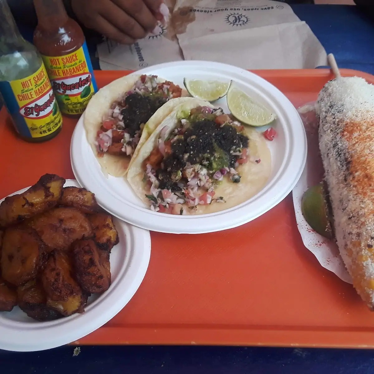 Fish Tacos Plantains and Grilled Corn