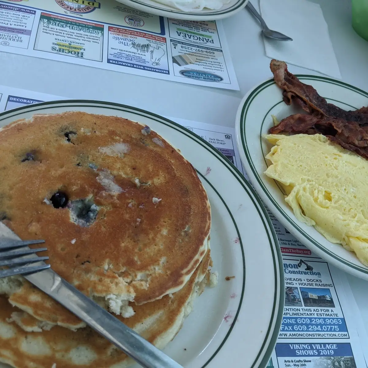 Blueberry Pancakes Scrambled Eggs and Bacon