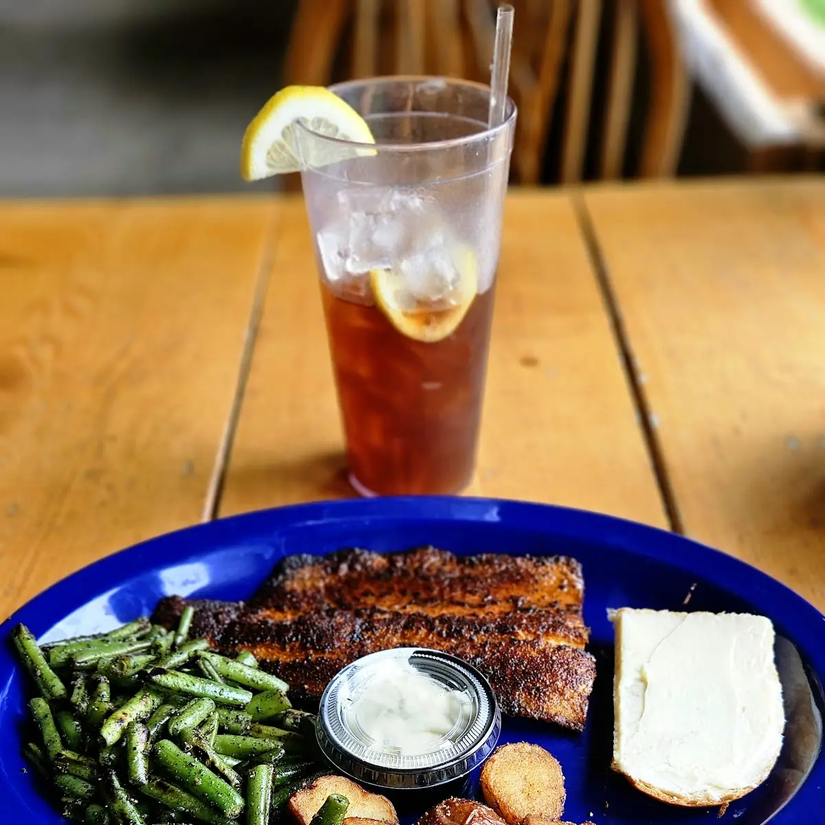 Blackened Walleye Served with Roasted Potatoes and Green Beans with Buttered Bread and Tartar Sauce